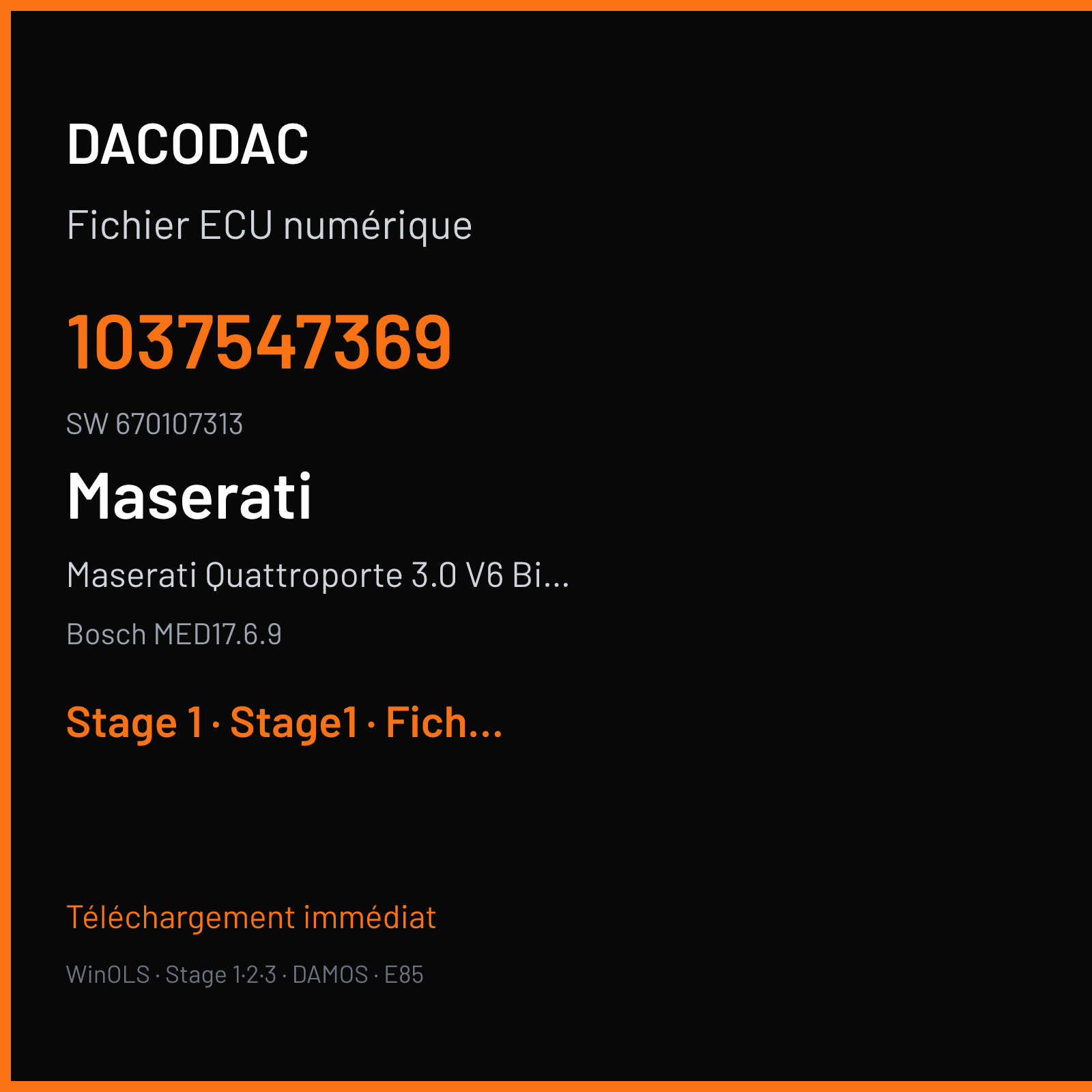 Maserati Quattroporte 3.0 V6 Biturbo 430 ch (2018) — Bosch MED17.6.9 — 1037547369 · 670107313 · 10SW030644 — Stage 1