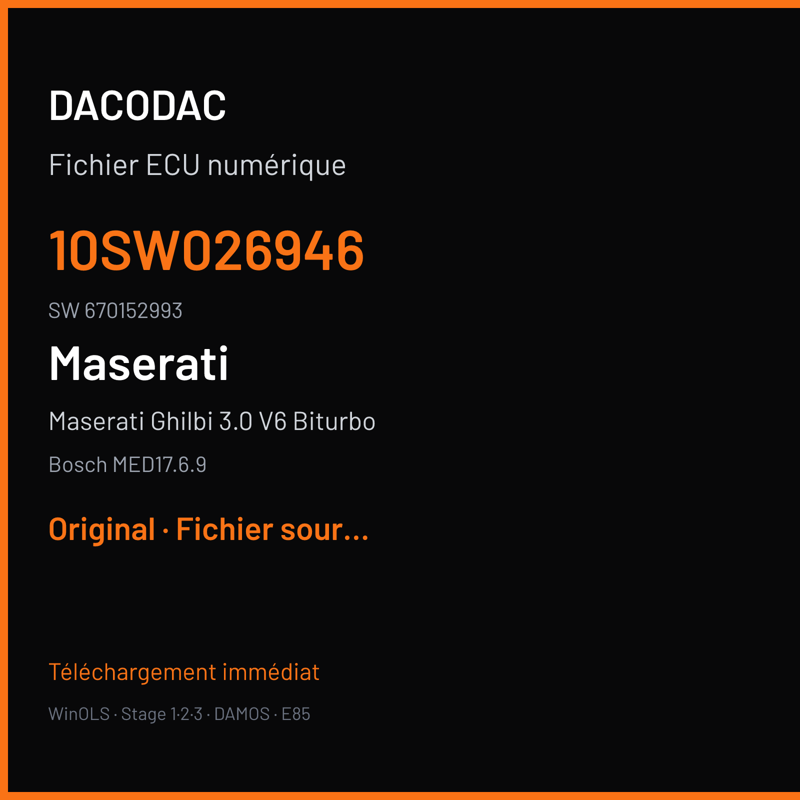 Maserati Ghilbi 3.0 V6 Biturbo 350 ch (2019) — Bosch MED17.6.9 — 10SW026946 · 670152993 · 10SW045264 — Original