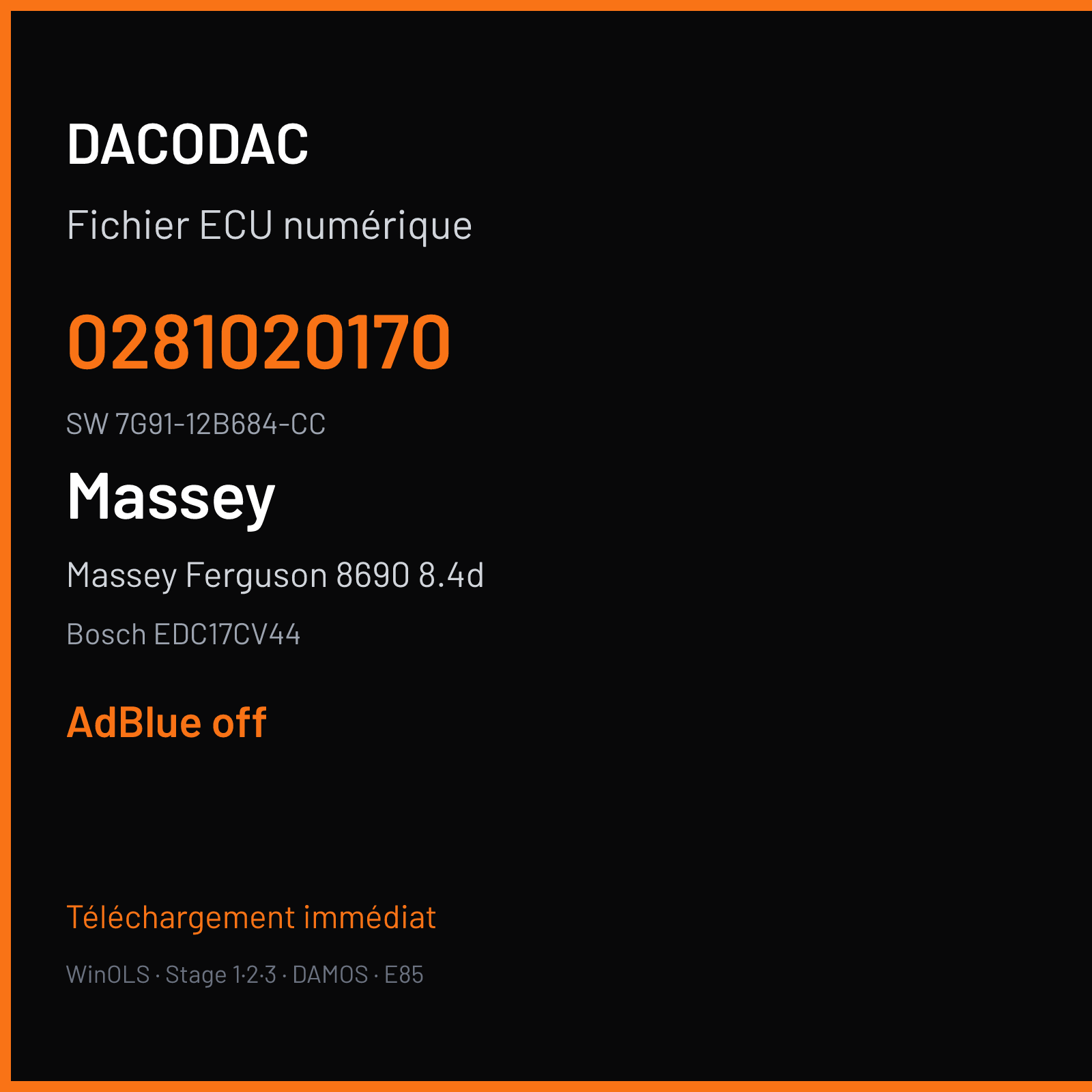 Massey Ferguson 8690 8.4d 370 ch (2012) — Bosch EDC17CV44 — 0281020170 · 7G91-12B684-CC · 511189 — ADBLUE off