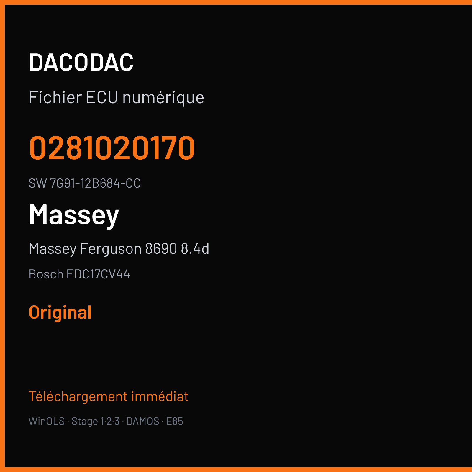 Massey Ferguson 8690 8.4d 370 ch (2012) — Bosch EDC17CV44 — 0281020170 · 7G91-12B684-CC · 511189 — Original