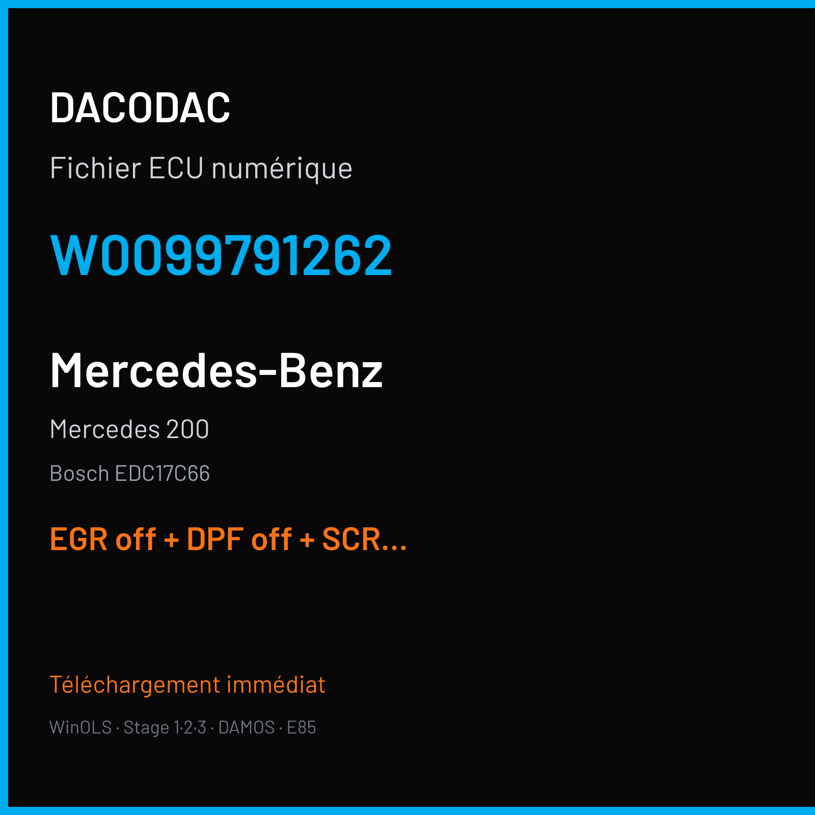 Mercedes 200 (2016) — Bosch EDC17C66 — W0099791262 — EGR off + DPF off + SCR off