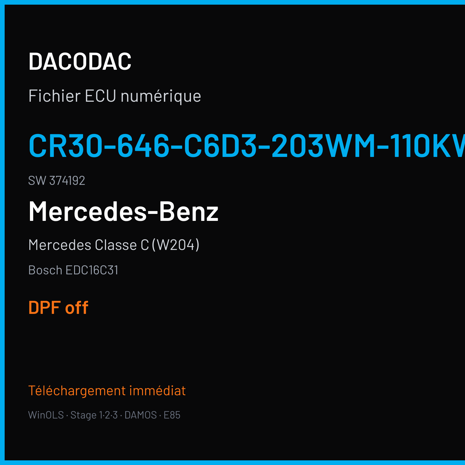 Mercedes Classe C (W204) (2005) — Bosch EDC16C31 — CR30-646-C6D3-203WM-110KW-EU4OP-ME-4004X043 · 374192 — DPF off