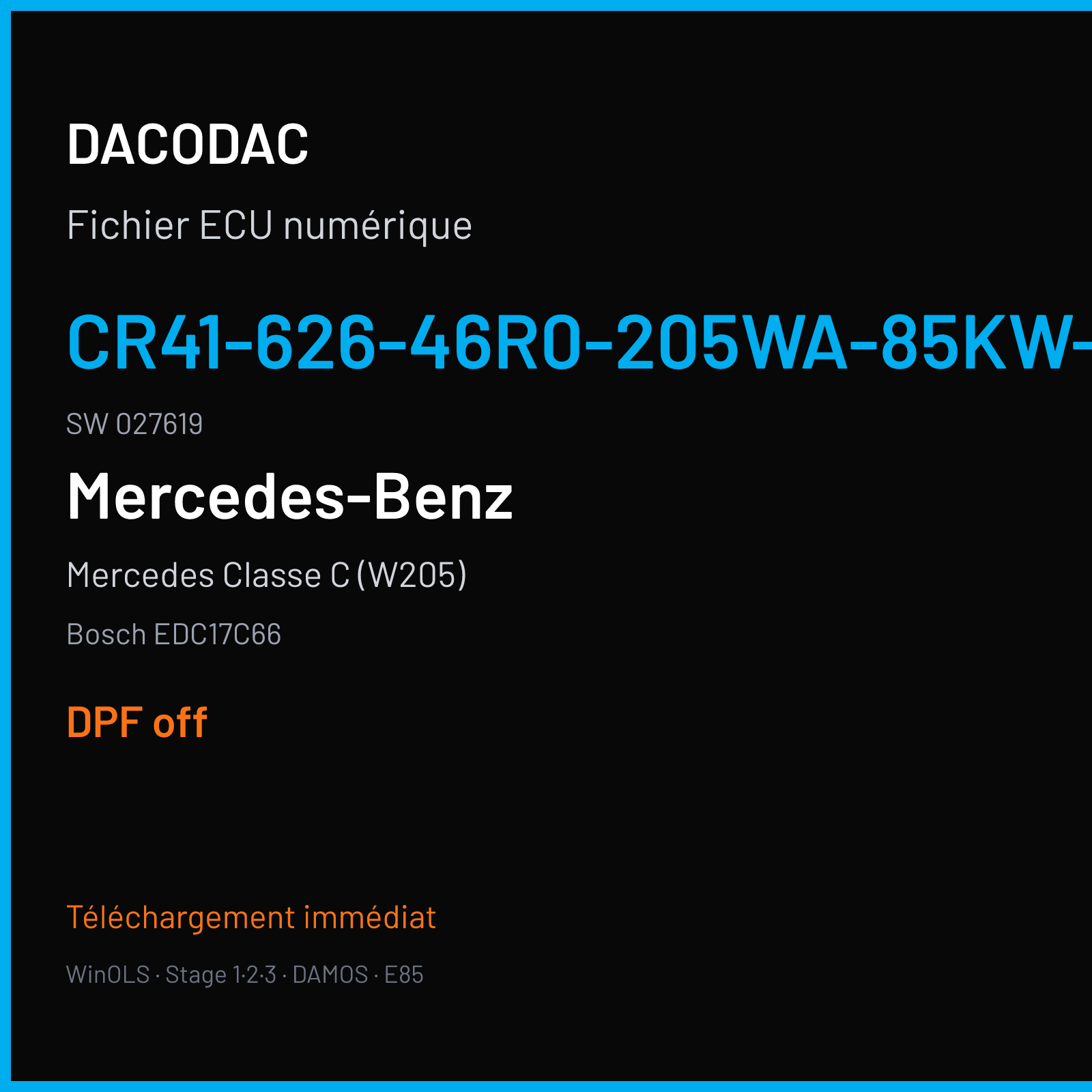 Mercedes Classe C (W205) (2015) — Bosch EDC17C66 — CR41-626-46R0-205WA-85KW-CH4-EU6SCR · 027619 — DPF off