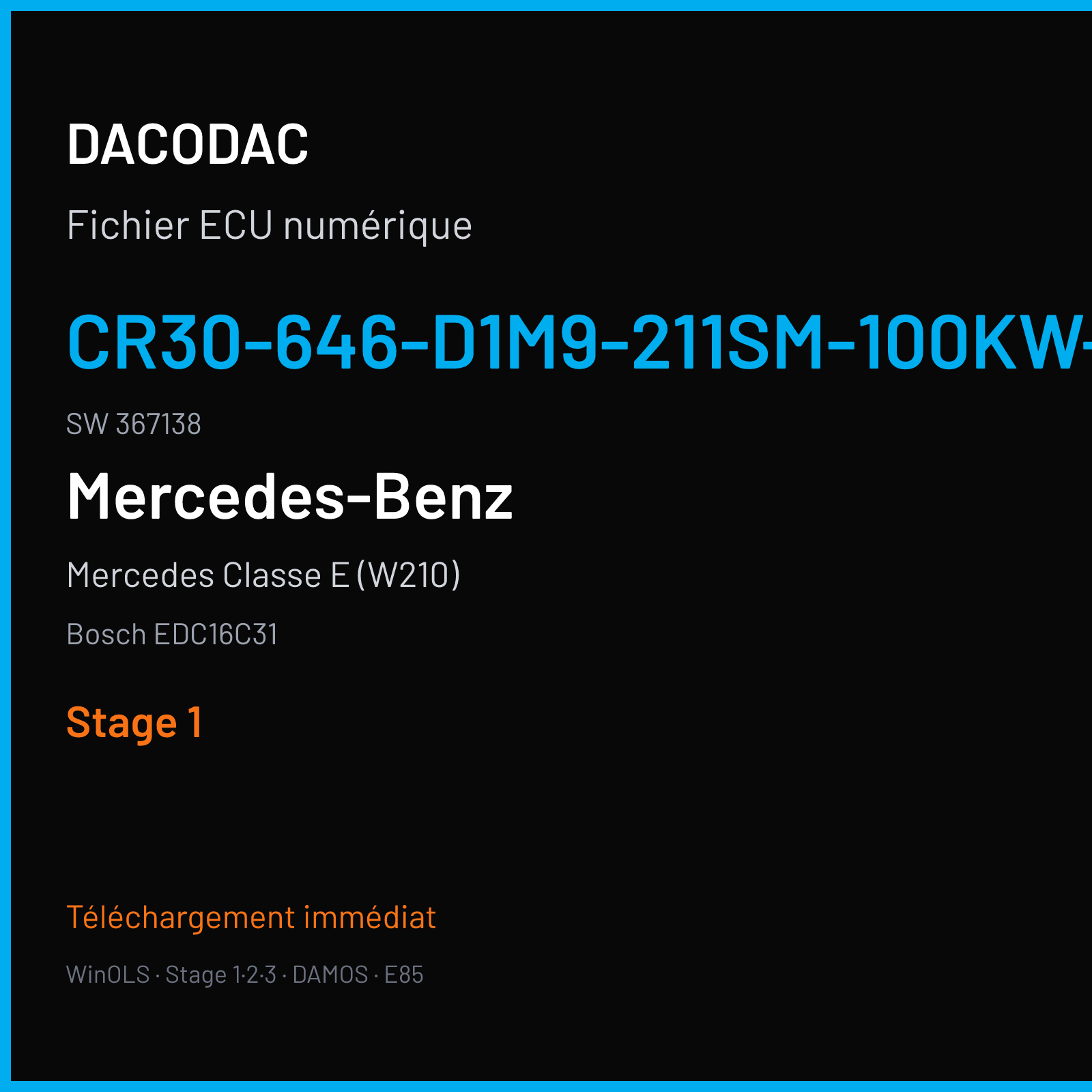 Mercedes Classe E (W210) (2003) — Bosch EDC16C31 — CR30-646-D1M9-211SM-100KW-ME-5102X015 · 367138 — Stage 1