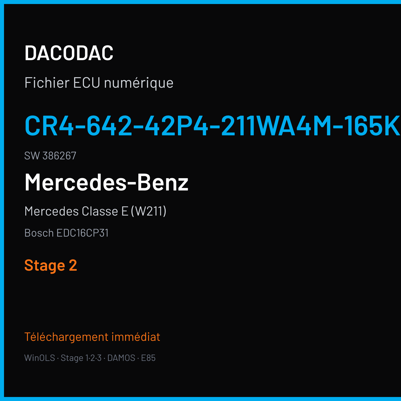 Mercedes Classe E (W211) (2007) — Bosch EDC16CP31 — CR4-642-42P4-211WA4M-165KW-PT2R05-DPF-3106X051DME · 386267 — Stage 2