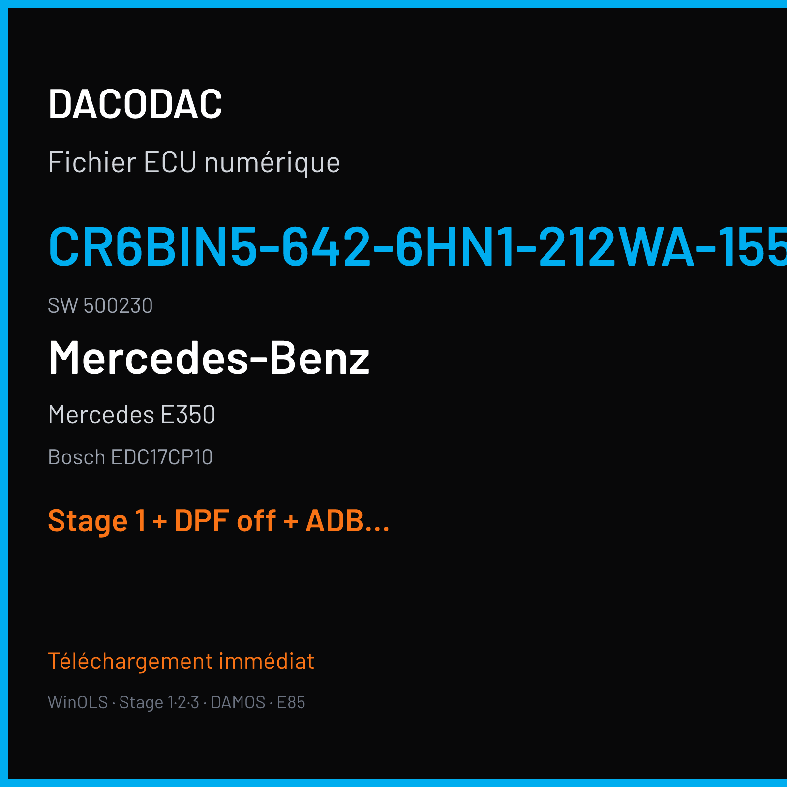 Mercedes E350 — Bosch EDC17CP10 — CR6BIN5-642-6HN1-212WA-155KW-EU6-007 · 500230 — Stage 1 + DPF off + ADBLUE off