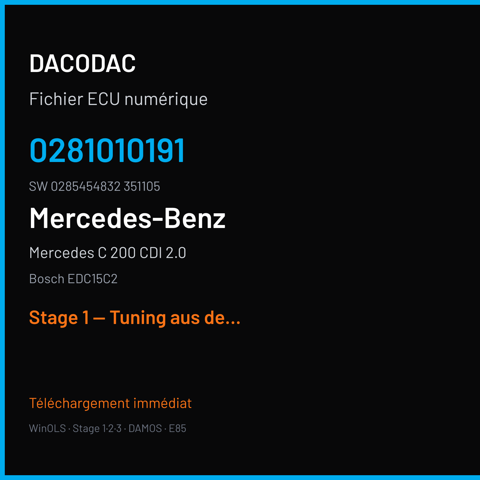 Mercedes C 200 CDI 2.0 — Bosch EDC15C2 — 0281010191 · 0285454832 351105 — Stage 1 — Tuning aus der liste
