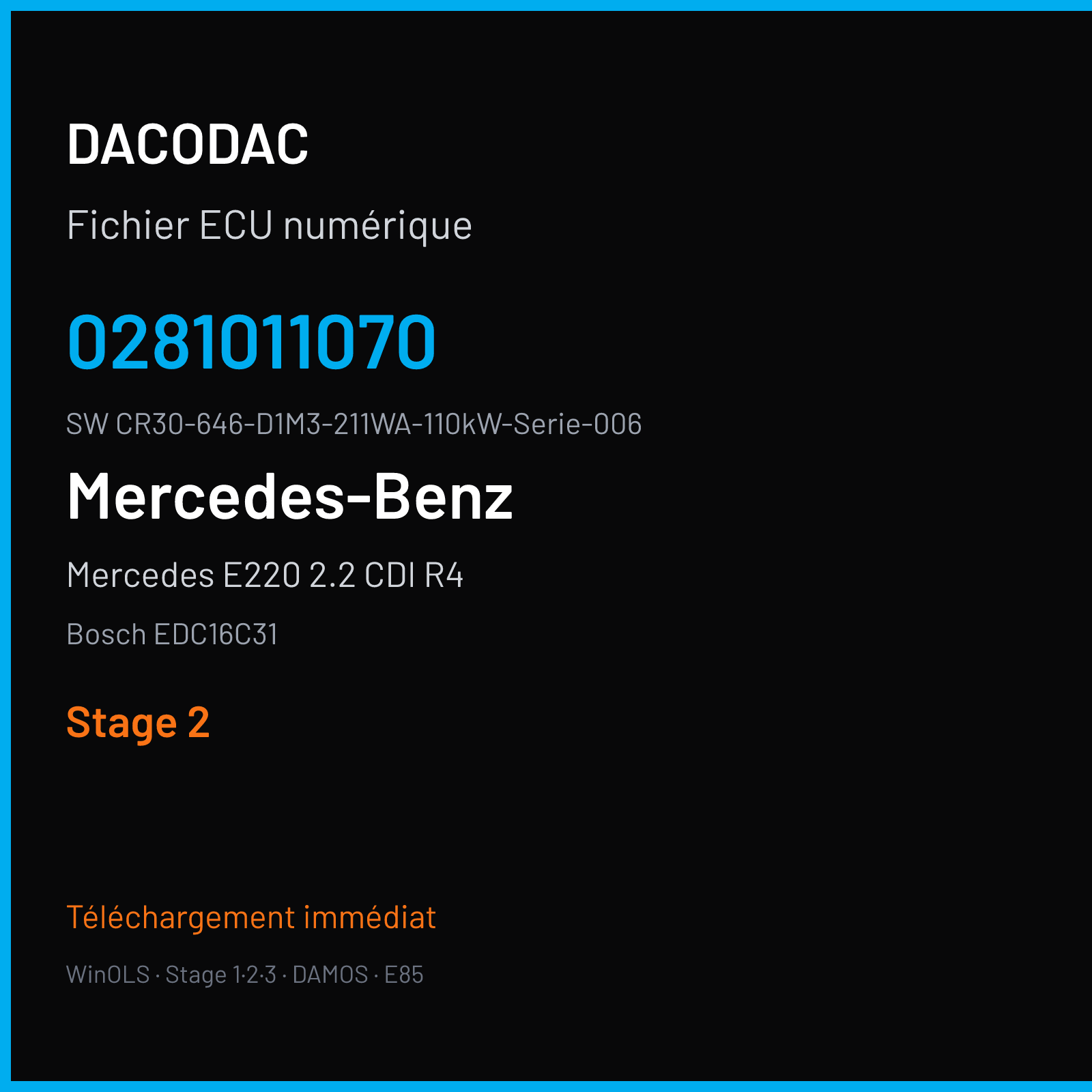 Mercedes E220 2.2 CDI R4 150 ch (2004) — Bosch EDC16C31 — 0281011070 · CR30-646-D1M3-211WA-110kW-Serie-006 · 363868 — Stage 2