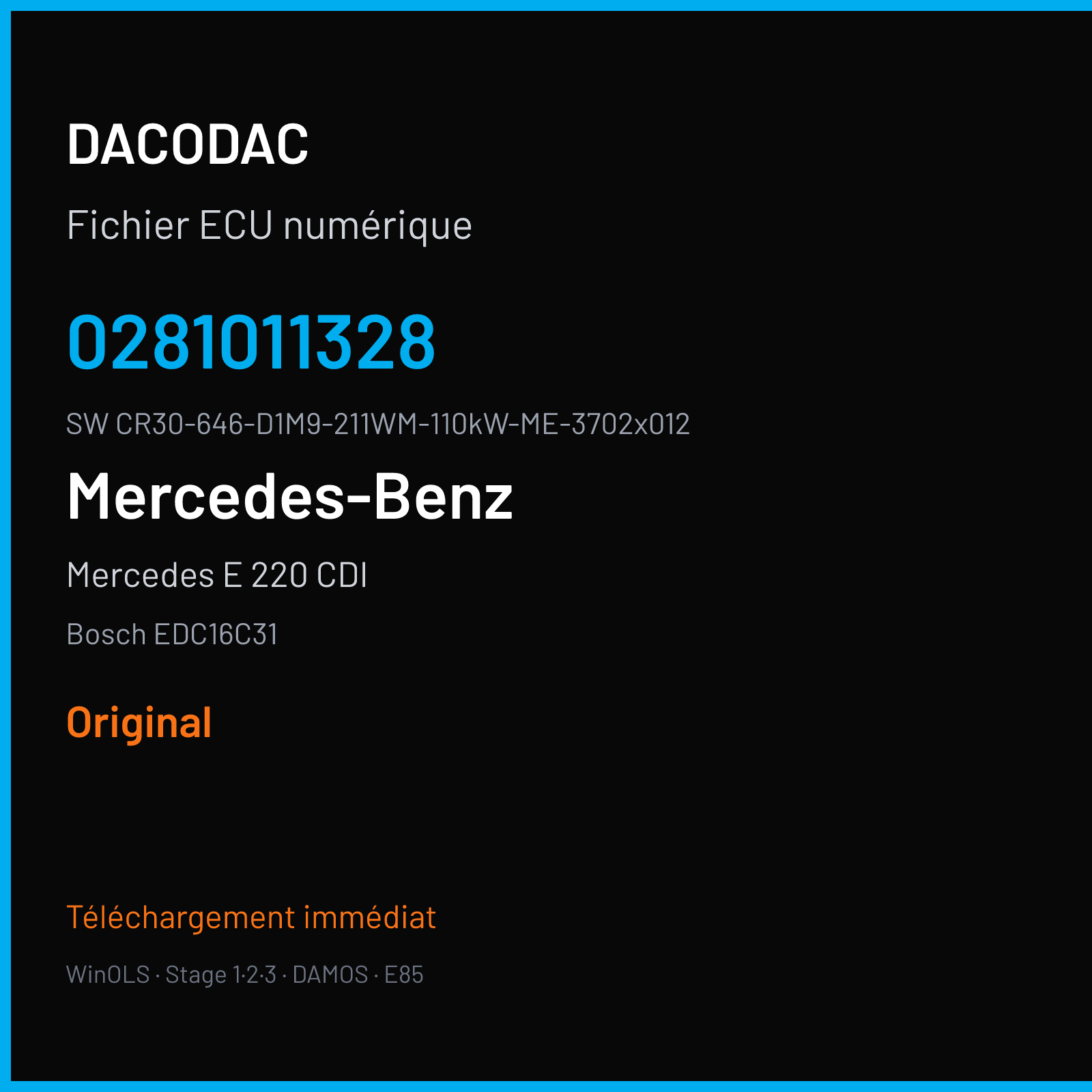 Mercedes E 220 CDI 150 ch (2002) — Bosch EDC16C31 — 0281011328 · CR30-646-D1M9-211WM-110kW-ME-3702x012 · 366551 — Original