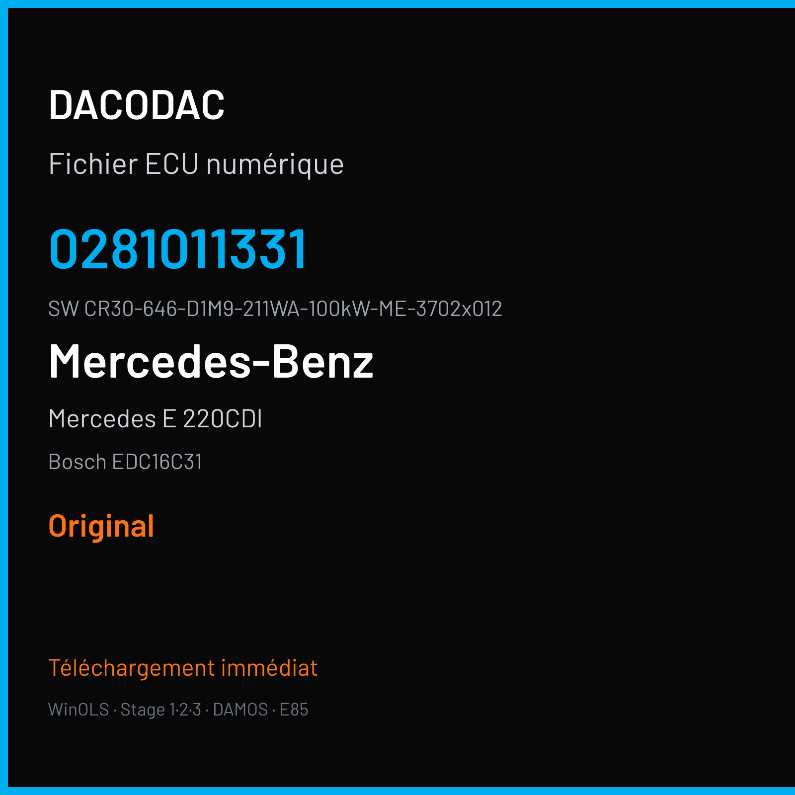 Mercedes E 220CDI 136 ch (2003) — Bosch EDC16C31 — 0281011331 · CR30-646-D1M9-211WA-100kW-ME-3702x012 · 366549 — Original