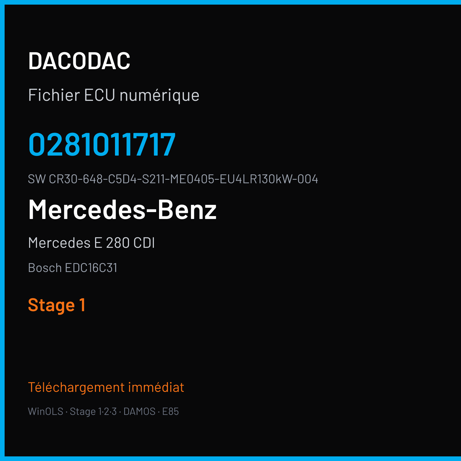 Mercedes E 280 CDI 177 ch (2004) — Bosch EDC16C31 — 0281011717 · CR30-648-C5D4-S211-ME0405-EU4LR130kW-004 · 369831 — Stage 1
