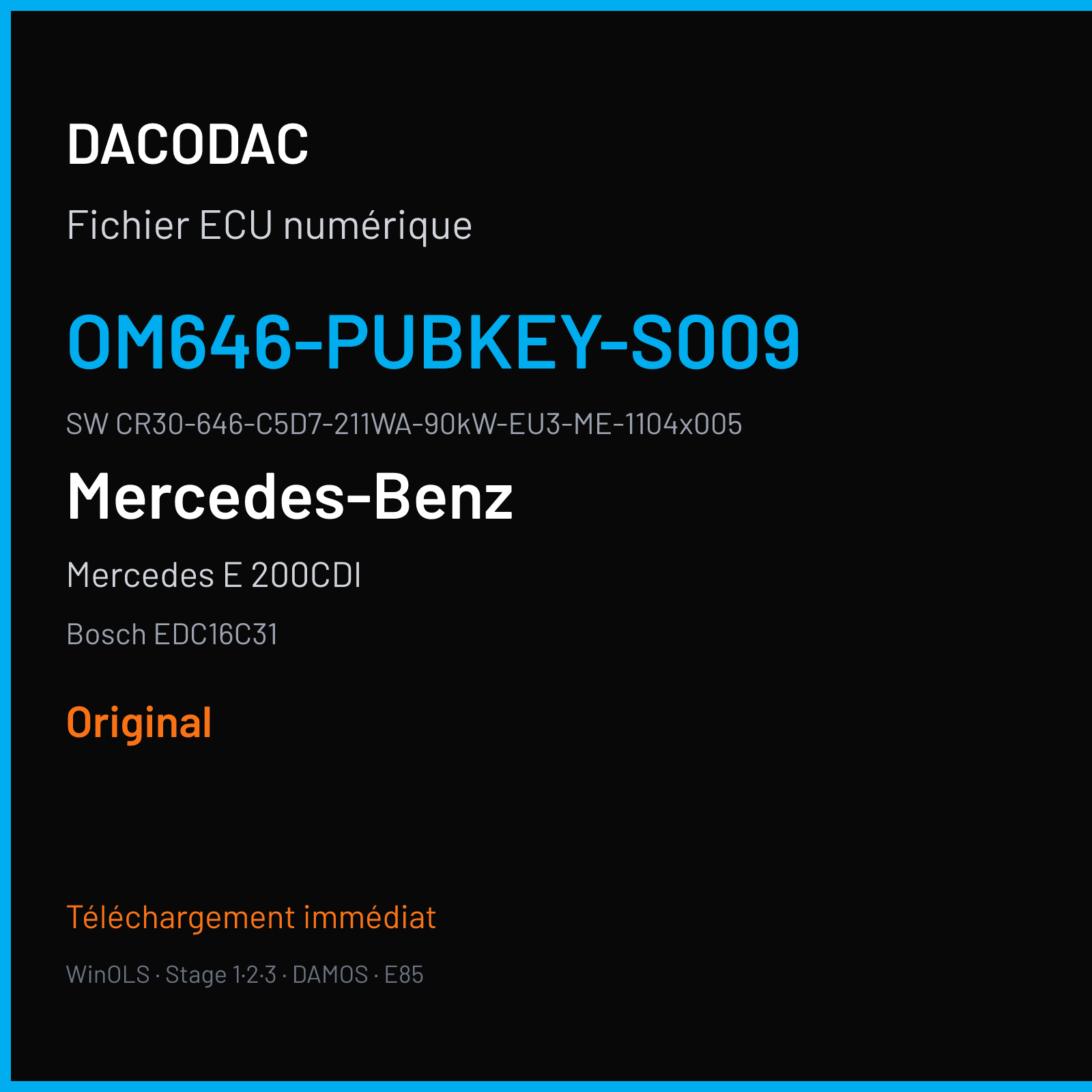 Mercedes E 200CDI 122 ch (2005) — Bosch EDC16C31 — OM646-PubKey-S009 · CR30-646-C5D7-211WA-90kW-EU3-ME-1104x005 · 370741 — Original