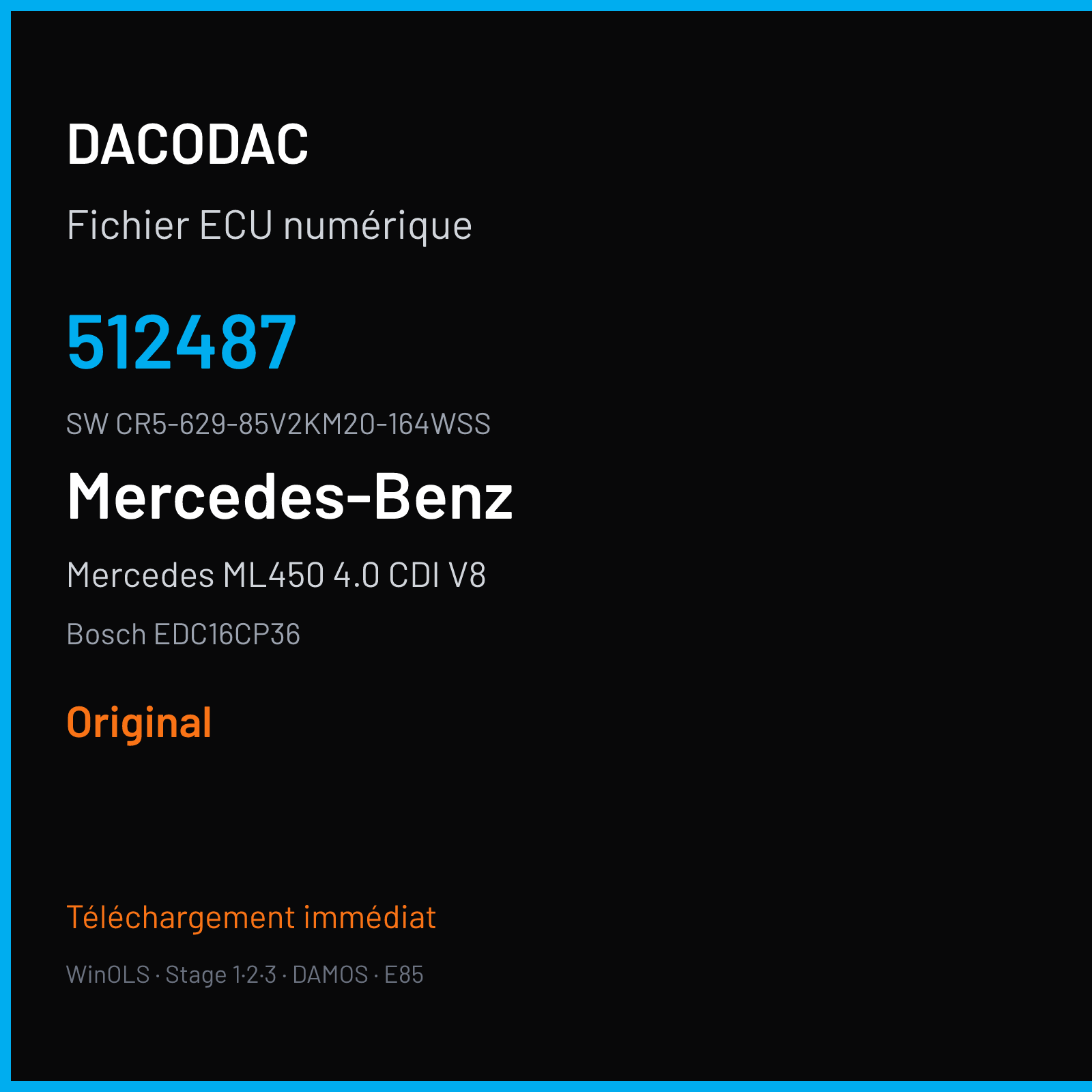 Mercedes ML450 4.0 CDI V8 306 ch (2009) — Bosch EDC16CP36 — 512487 · CR5-629-85V2KM20-164WSS · LAD-CID-DPF-059 512487 — Original