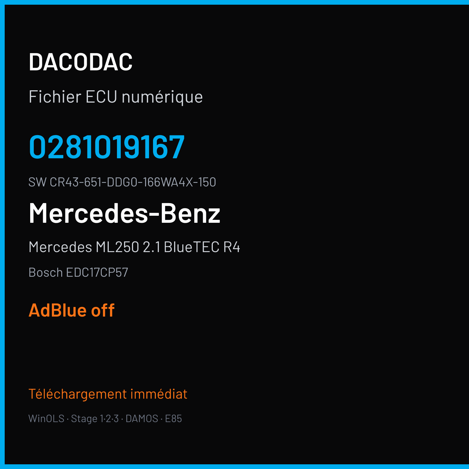 Mercedes ML250 2.1 BlueTEC R4 204 ch (2015) — Bosch EDC17CP57 — 0281019167 · CR43-651-DDG0-166WA4X-150 · 540165 — ADBLUE off