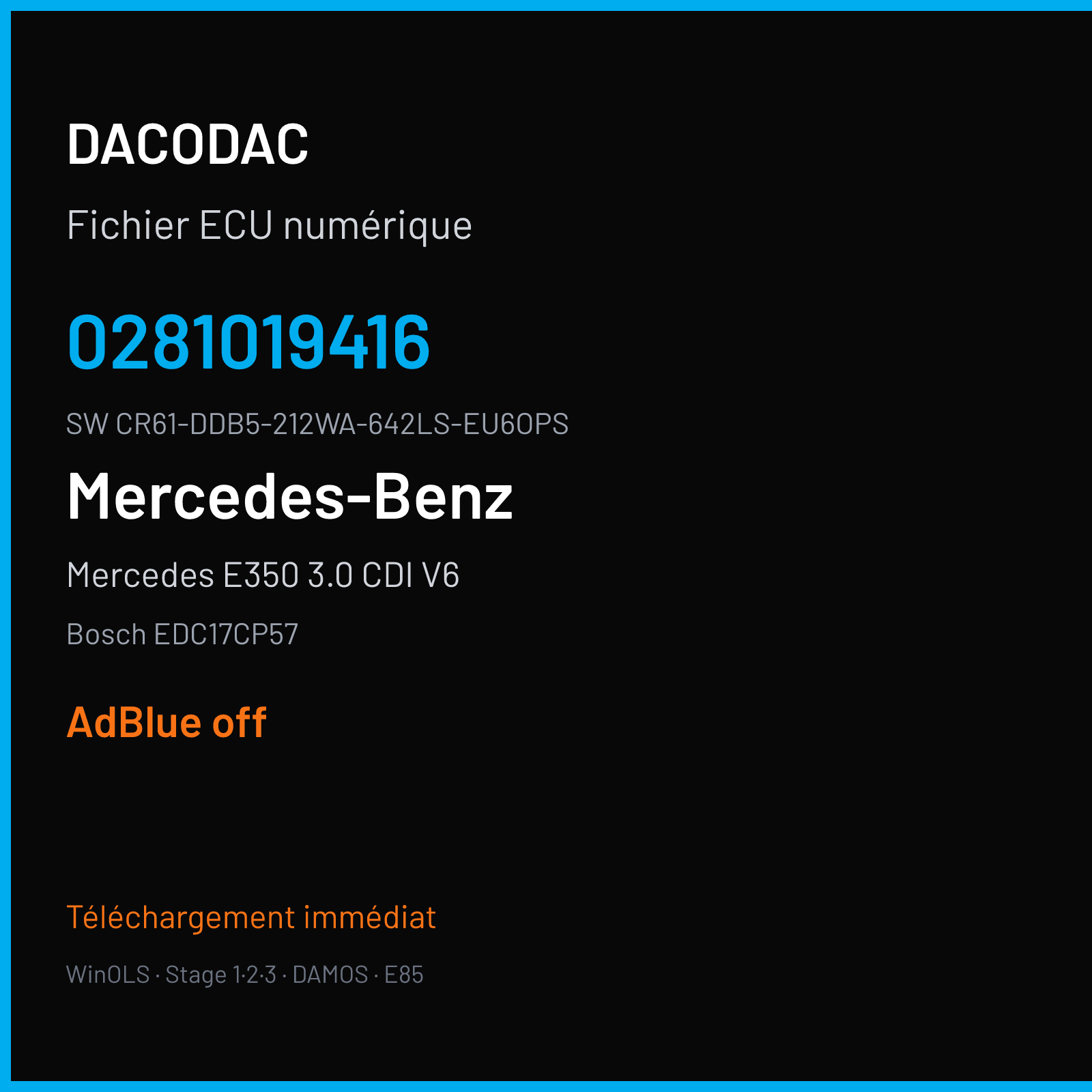 Mercedes E350 3.0 CDI V6 265 ch (2016) — Bosch EDC17CP57 — 0281019416 · CR61-DDB5-212WA-642LS-EU6OPS · 4x2 3S-ME08 008658 — ADBLUE off