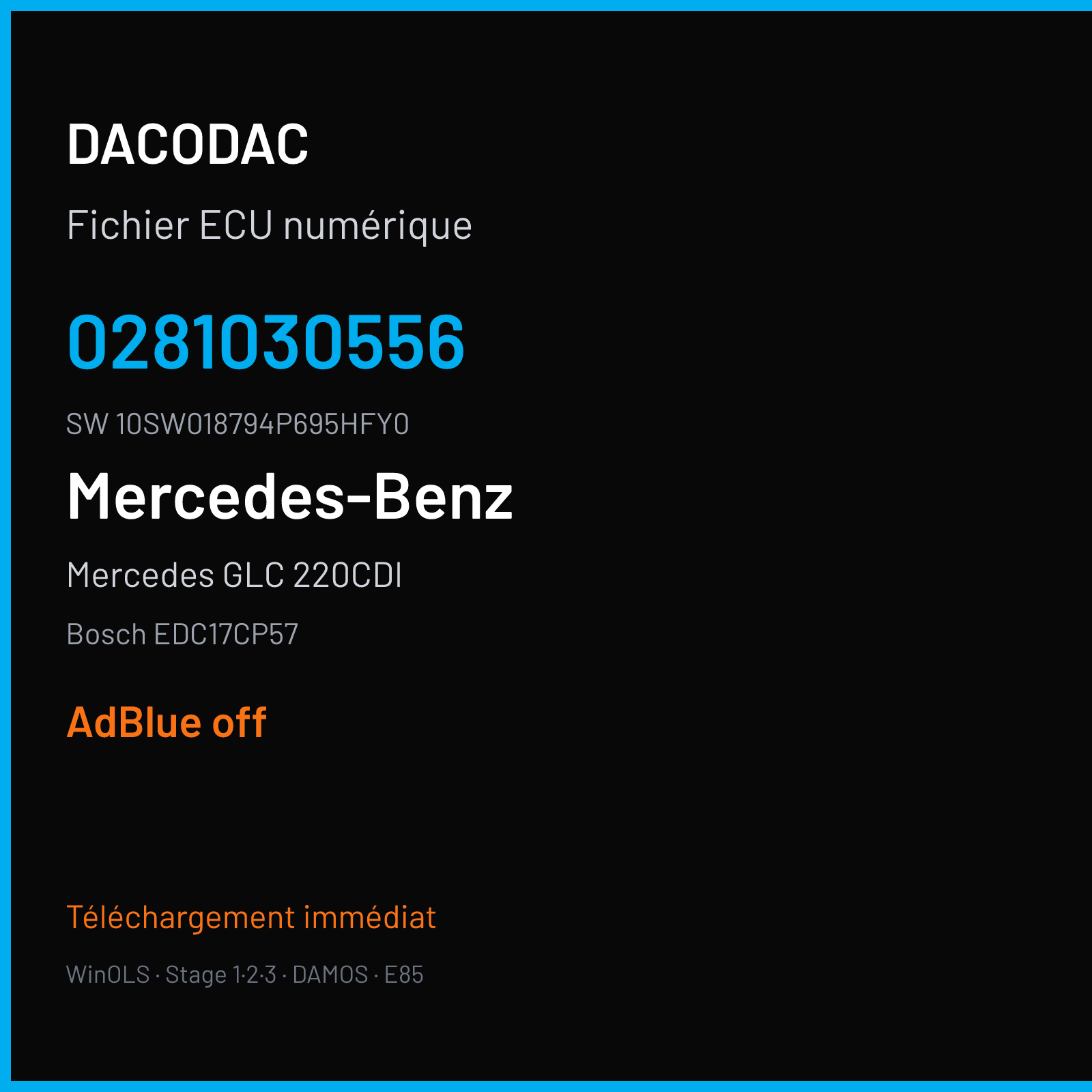 Mercedes GLC 220CDI 163 ch (2018) — Bosch EDC17CP57 — 0281030556 · 10SW018794P695HFY0 · 018794 — ADBLUE off