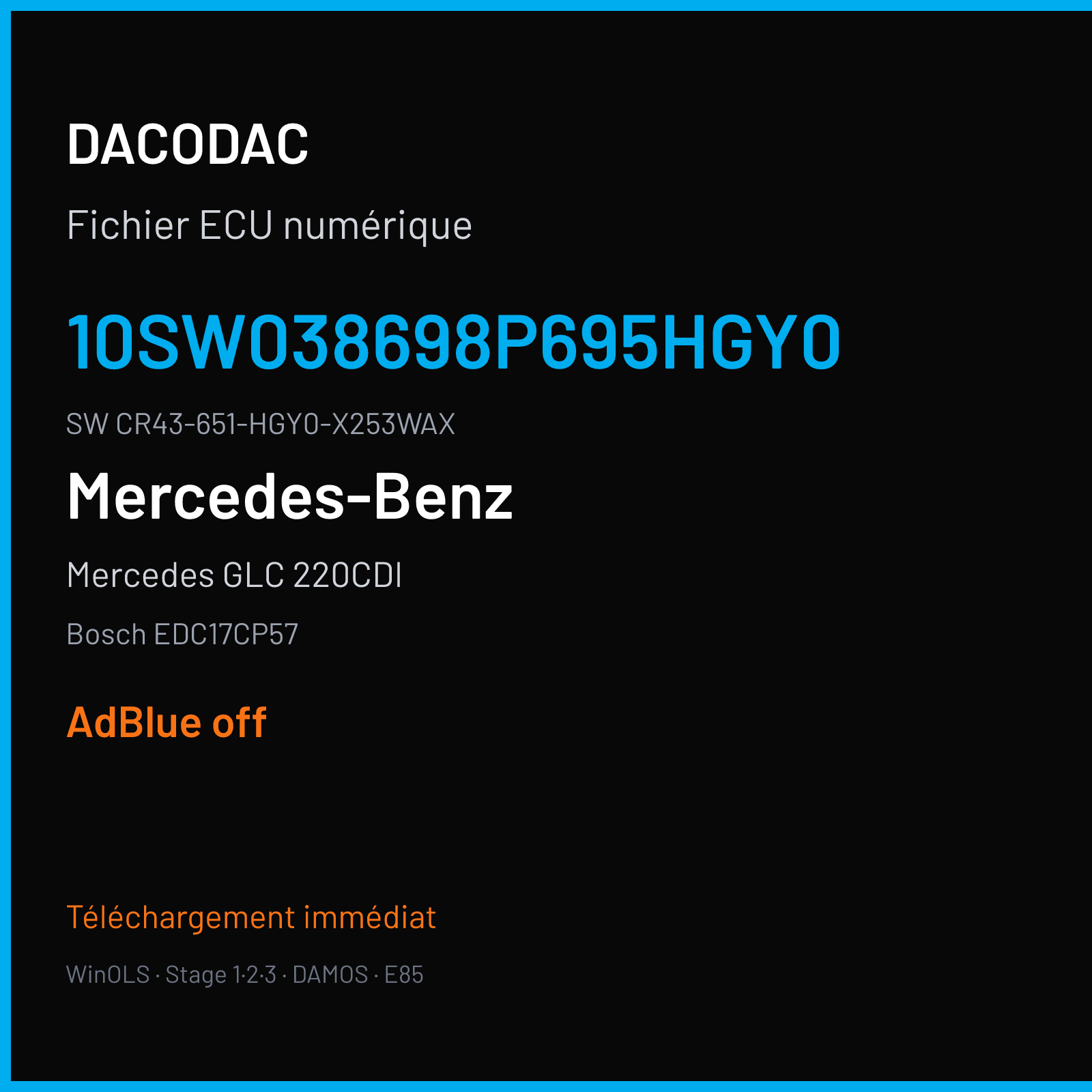 Mercedes GLC 220CDI 170 ch (2018) — Bosch EDC17CP57 — 10SW038698P695HGY0 · CR43-651-HGY0-X253WAX · AJ17 NAG3-125 038698 — ADBLUE off