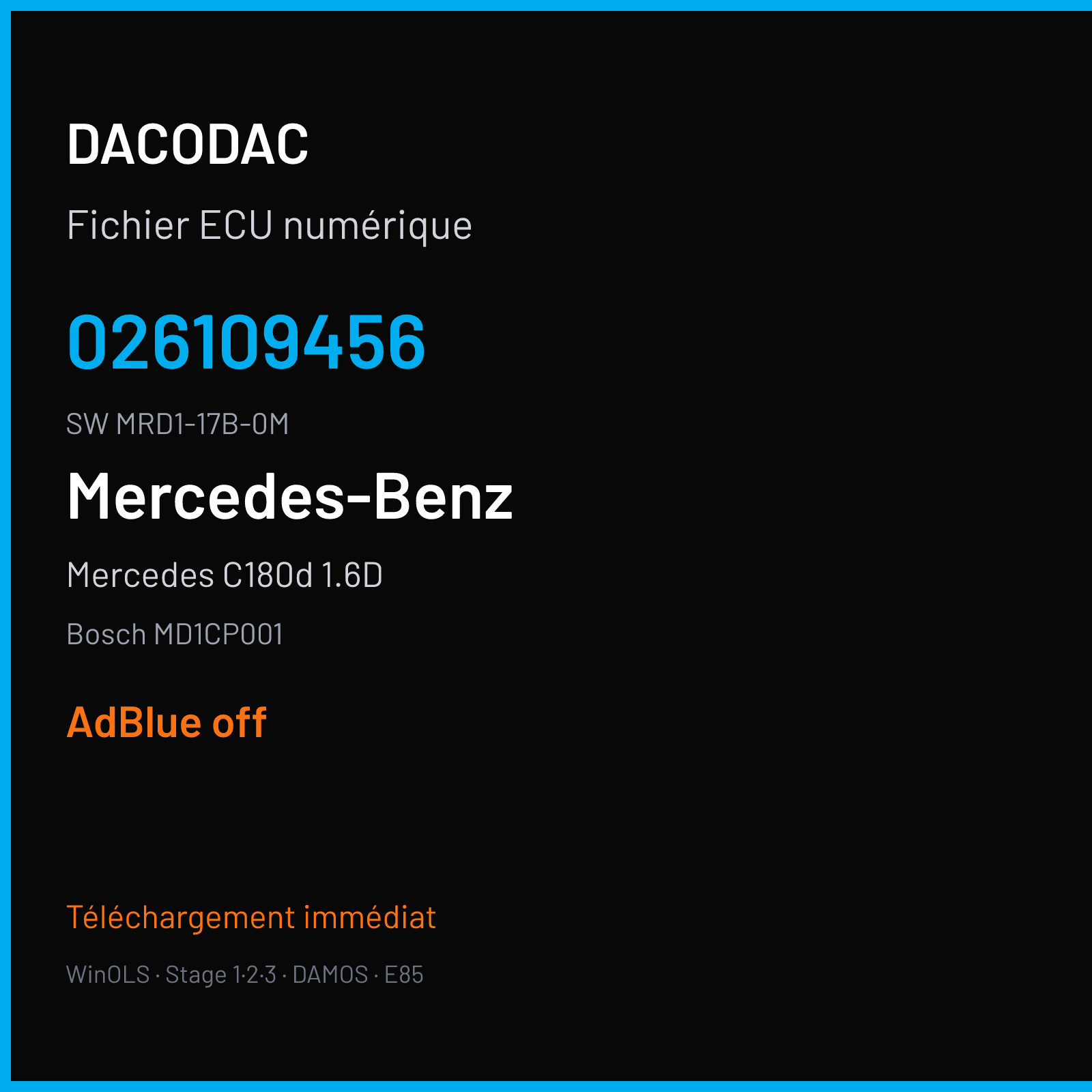 Mercedes C180d 1.6D 122 ch (2021) — Bosch MD1CP001 — 026109456 · MRD1-17B-0M · A090D-205-WM-OM654D16 90 086972 — ADBLUE off