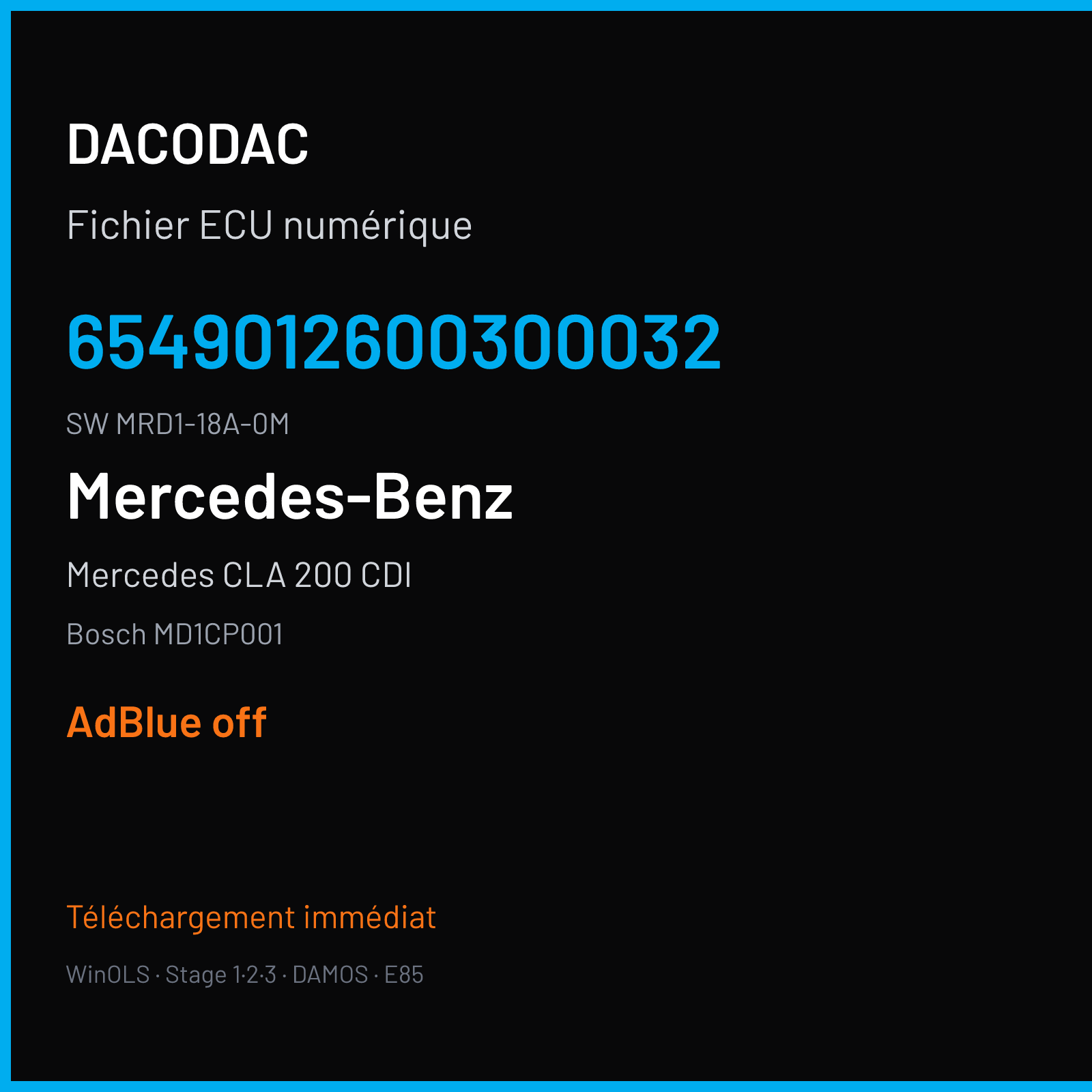 Mercedes CLA 200 CDI 150 ch (2020) — Bosch MD1CP001 — 6549012600300032 · MRD1-18A-0M · B070D-MFA2 C 559020 — ADBLUE off