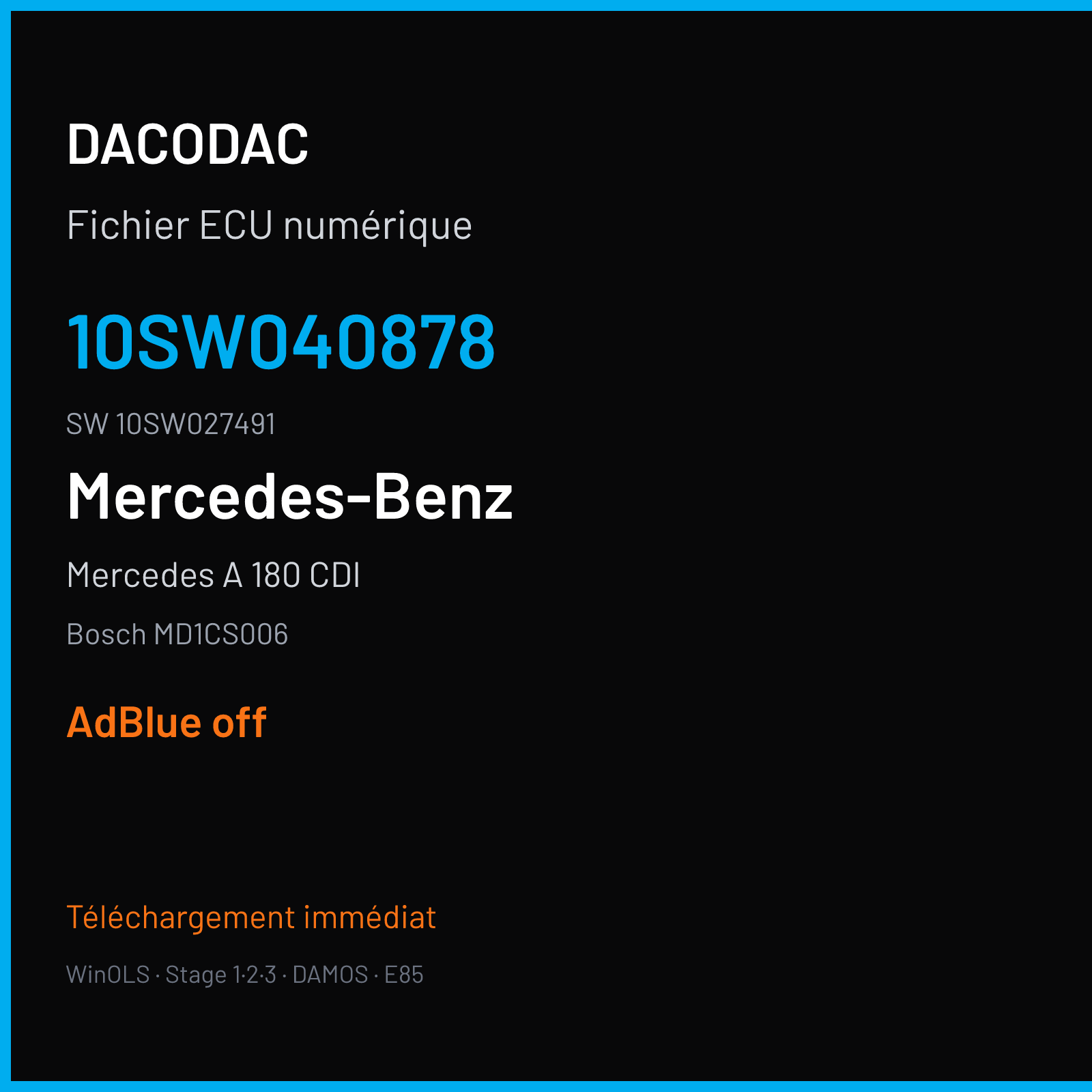 Mercedes A 180 CDI 116 ch (2020) — Bosch MD1CS006 — 10SW040878 · 10SW027491 · 051160 — ADBLUE off