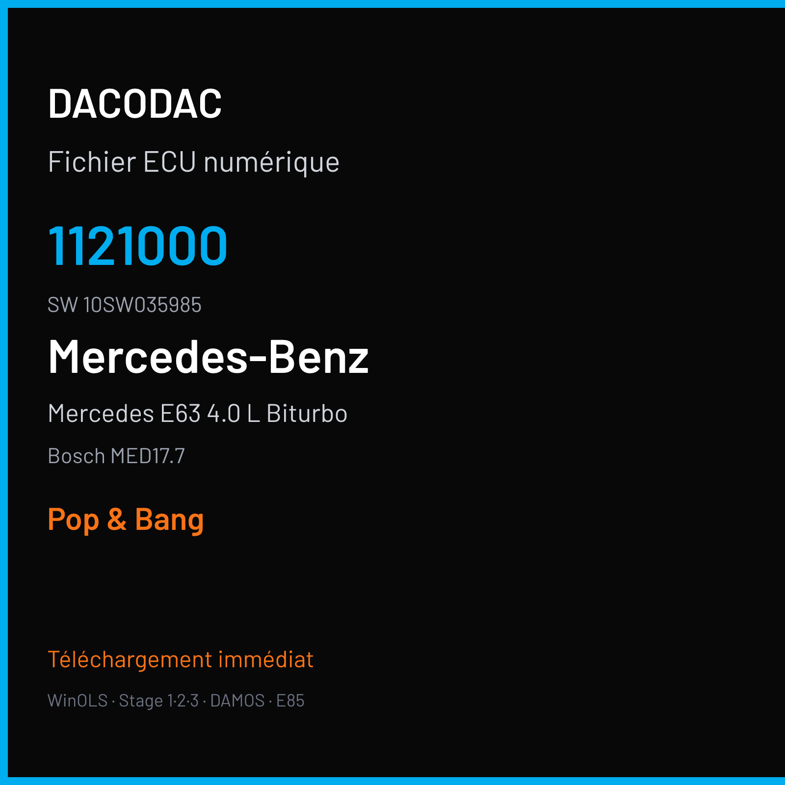 Mercedes E63 4.0 L Biturbo 612 ch (2018) — Bosch MED17.7 — 1121000 · 10SW035985 · 035985 — Pop & Bang