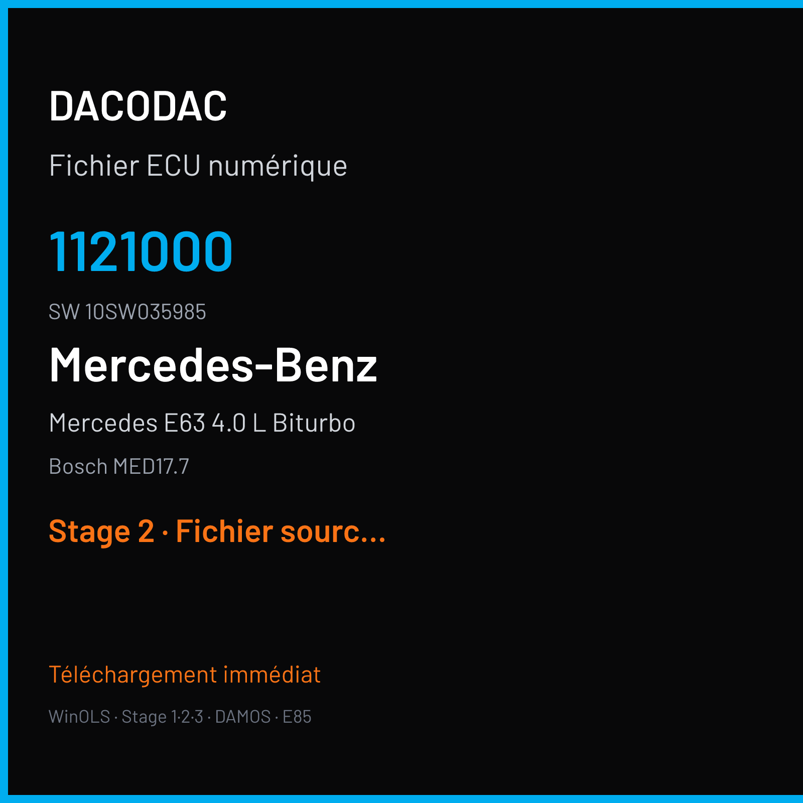 Mercedes E63 4.0 L Biturbo 612 ch (2018) — Bosch MED17.7 — 1121000 · 10SW035985 · 035985 — Stage 2