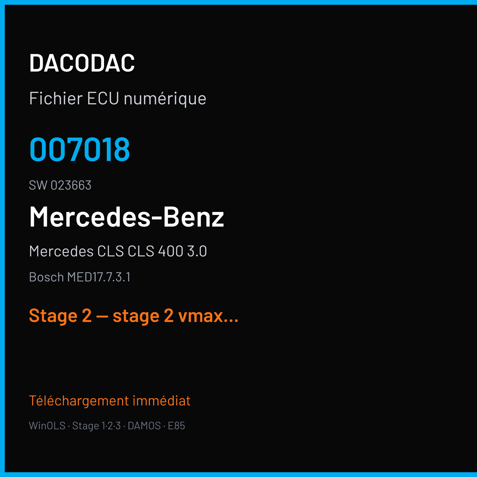 Mercedes CLS CLS 400 3.0 (2015) — Bosch MED17.7.3.1 — 007018 · 023663 — Stage 2 — stage 2 vmax off rpm limit mod catalyst off