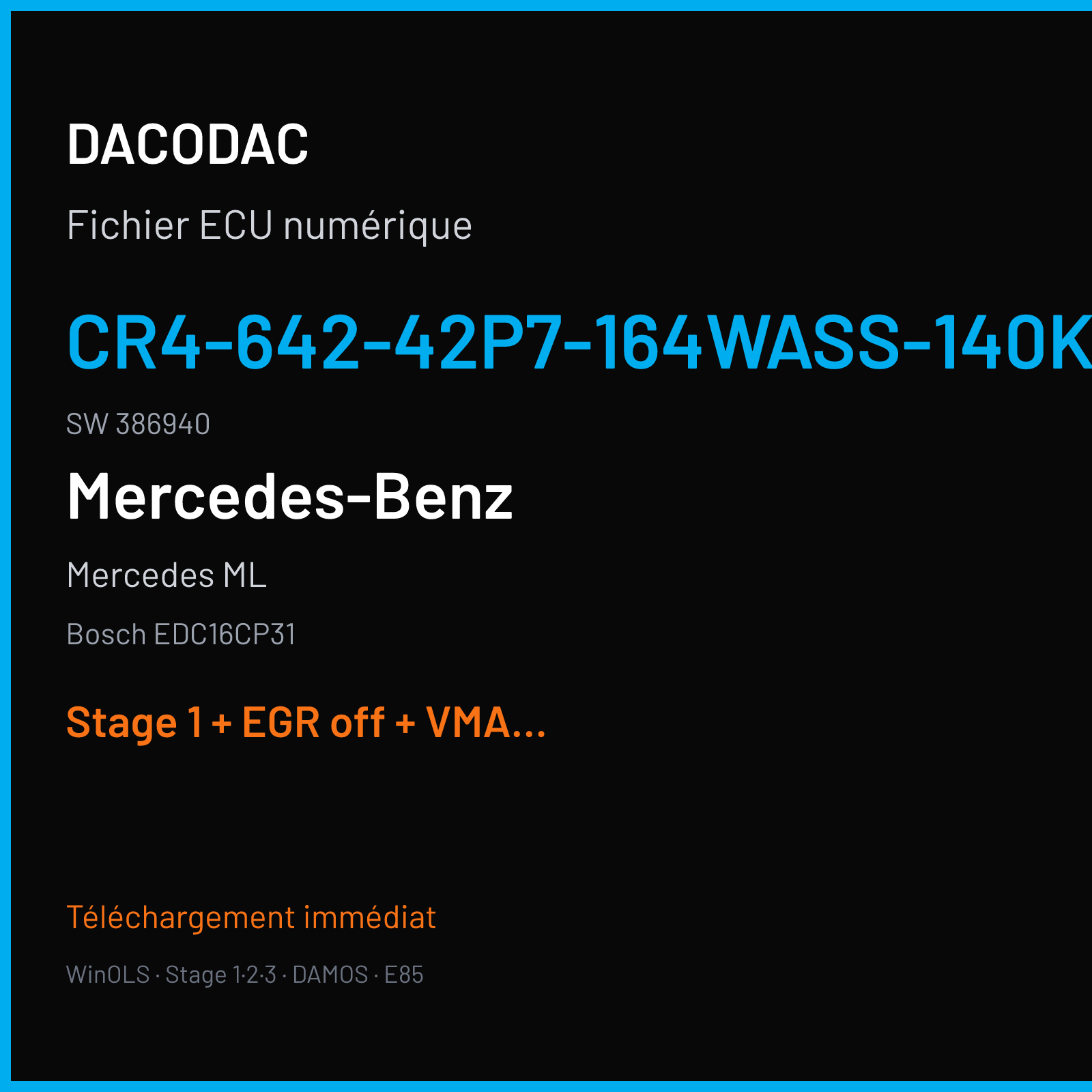 Mercedes ML (2008) — Bosch EDC16CP31 — CR4-642-42P7-164WASS-140KW-DDJNAG2P2-DPF-3906X061BME · 386940 — Stage 1 + EGR off + VMAX off