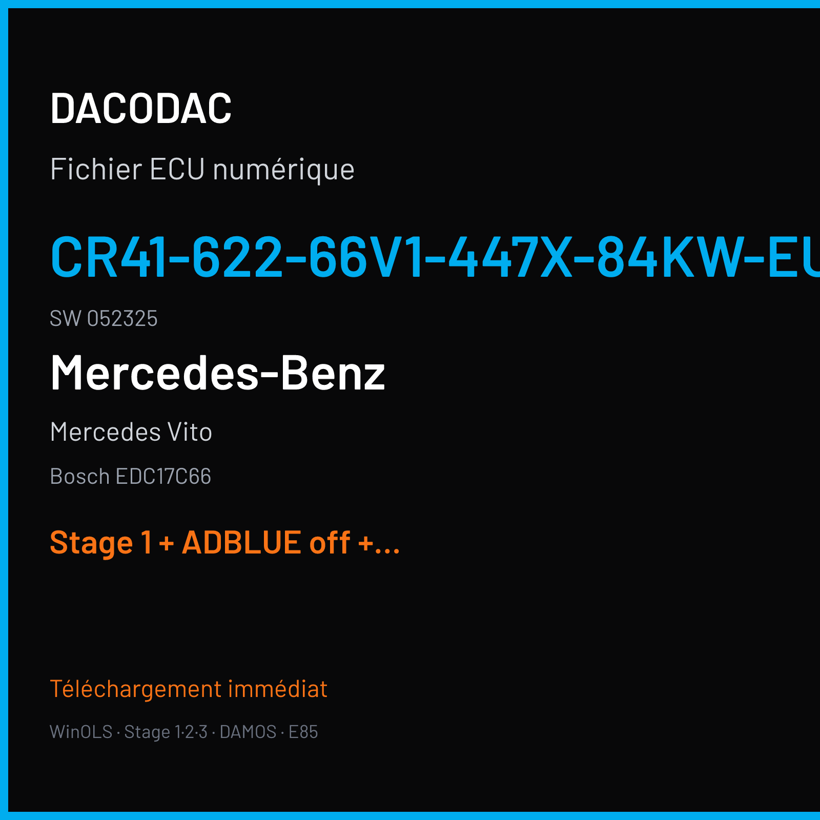 Mercedes Vito (2016) — Bosch EDC17C66 — CR41-622-66V1-447X-84KW-EU6I-JX2-ME17 · 052325 — Stage 1 + ADBLUE off + VMAX off