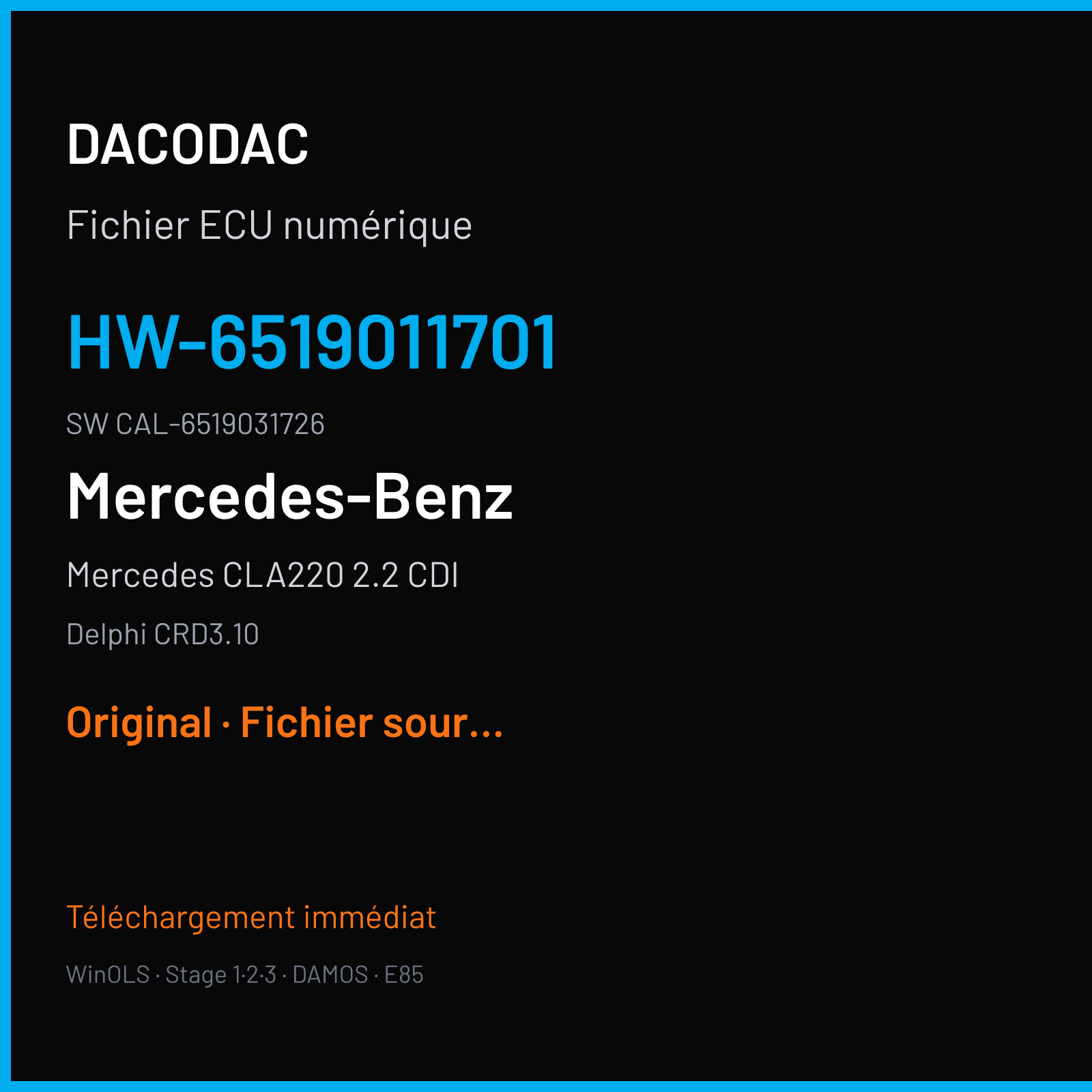 Mercedes CLA220 2.2 CDI 163 ch (2014) — Delphi CRD3.10 — HW-6519011701 · CAL-6519031726 · 6519023201 — Original