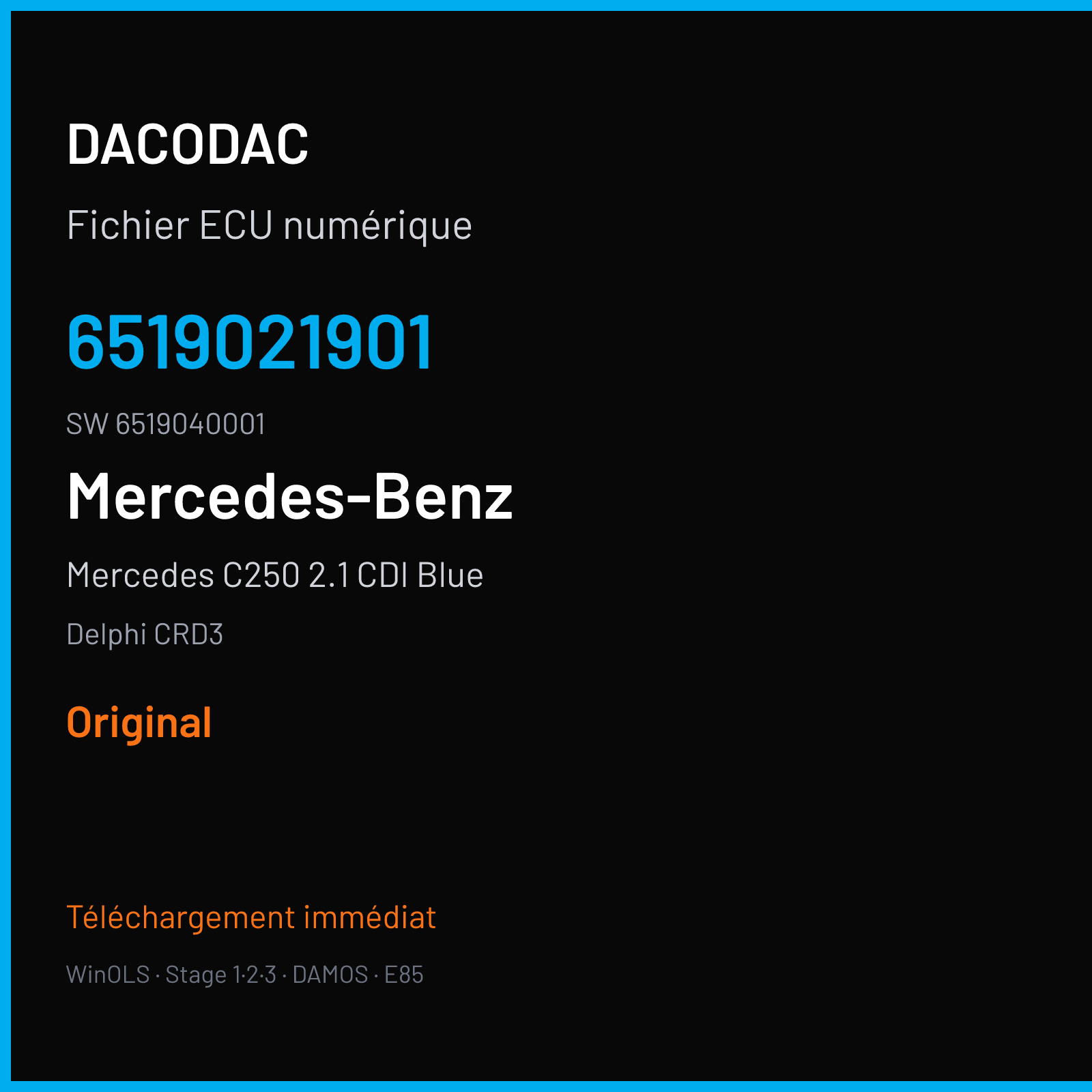 Mercedes C250 2.1 CDI Blue 204 ch (2013) — Delphi CRD3 — 6519021901 · 6519040001 · CRD3-651-WMA4ED3-204WA-150kW-4CSL2S-EU5OP RH-EF-06A ME122901 — Original
