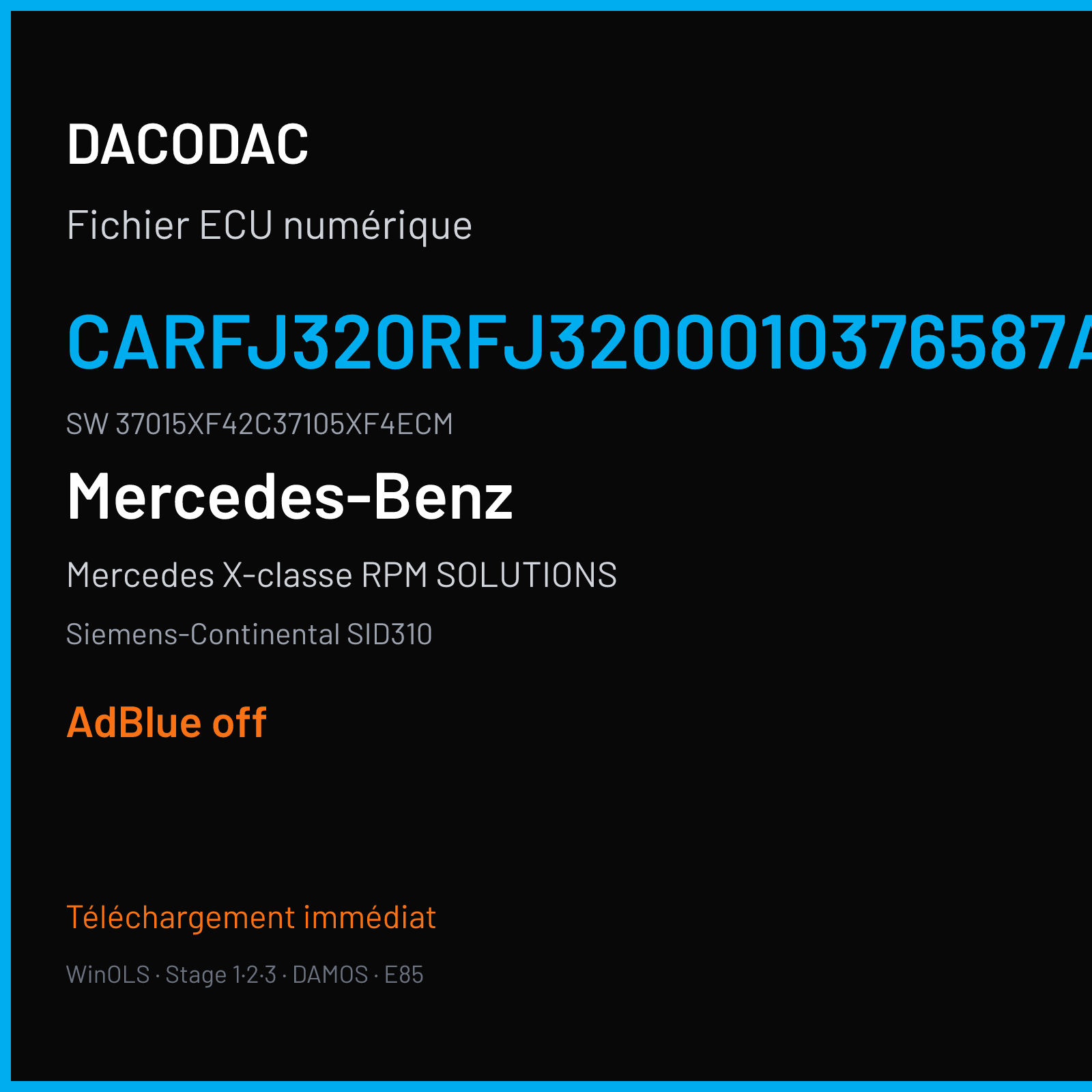 Mercedes X-classe RPM SOLUTIONS 190 ch (2017) — Siemens-Continental SID310 — CARFJ320RFJ3200010376587AA · 37015XF42C37105XF4ECM · 5070AA — ADBLUE off