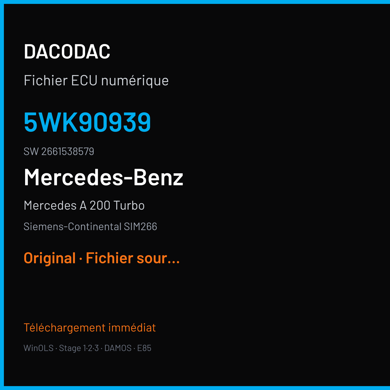 Mercedes A 200 Turbo 193 ch (2007) — Siemens-Continental SIM266 — 5WK90939 · 2661538579 · M600068000000 — Original