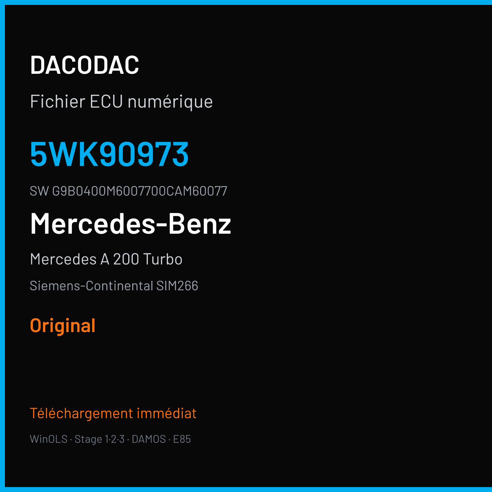 Mercedes A 200 Turbo 193 ch (2001) — Siemens-Continental SIM266 — 5WK90973 · G9B0400M6007700CAM60077 · M600077000000 — Original