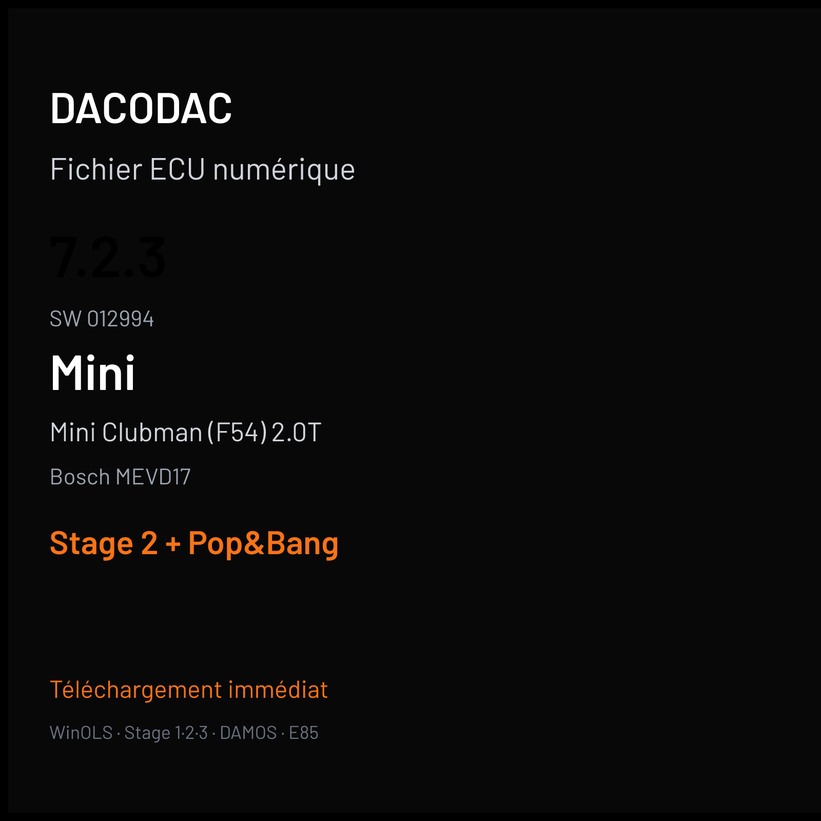 Mini Clubman (F54) 2.0T (2017) — Bosch MEVD17 — 7.2.3 · 012994 — Stage 2 + Pop&Bang