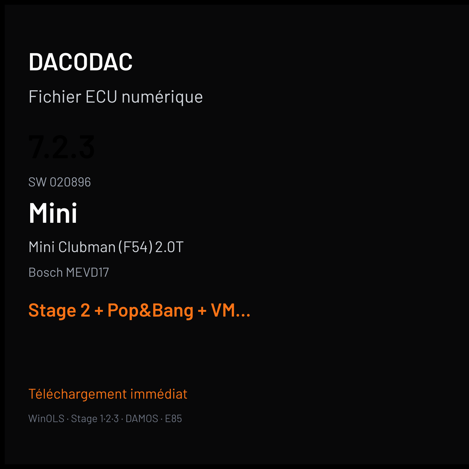 Mini Clubman (F54) 2.0T (2017) — Bosch MEVD17 — 7.2.3 · 020896 — Stage 2 + Pop&Bang + VMAX off