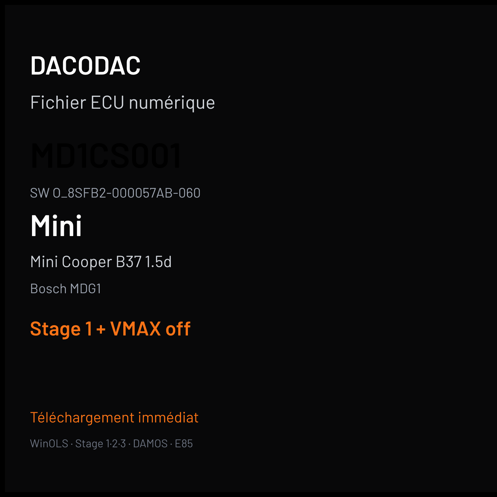 Mini Cooper B37 1.5d — Bosch MDG1 — MD1CS001 · O_8SFB2-000057AB-060 — Stage 1 + VMAX off