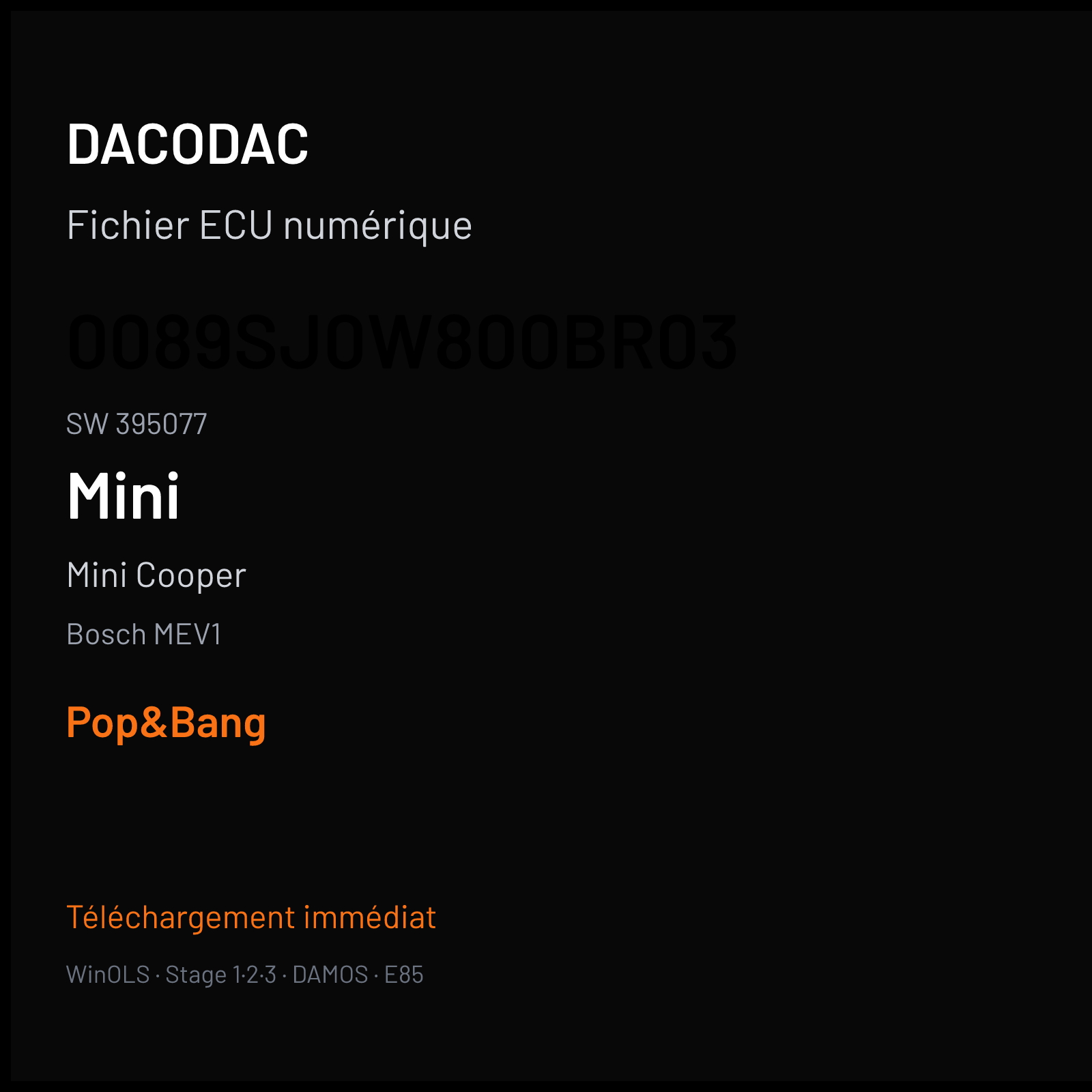 Mini Cooper (2009) — Bosch MEV1 — 0089SJ0W800BR03 · 395077 — Pop&Bang