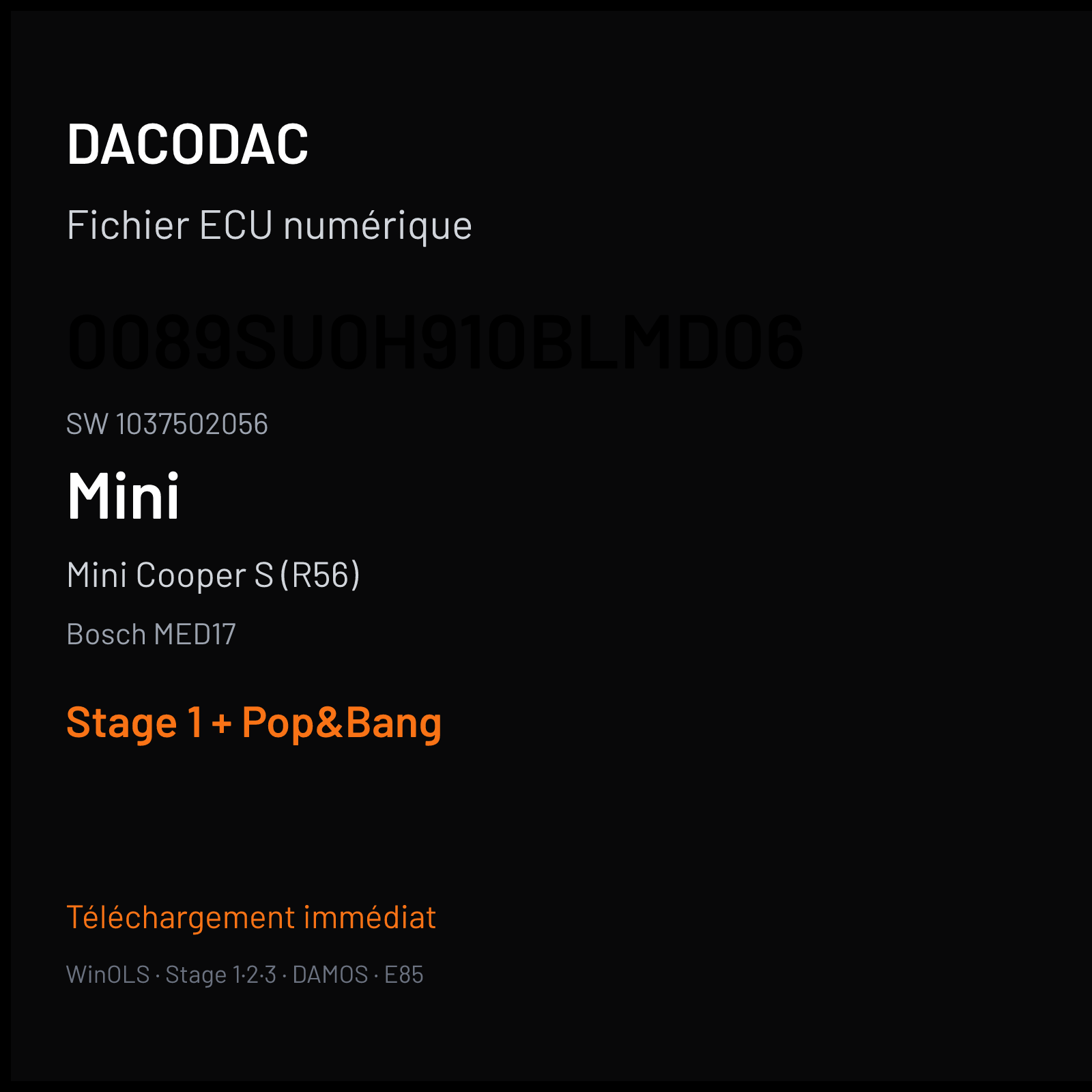 Mini Cooper S (R56) (2014) — Bosch MED17 — 0089SU0H910BLMD06 · 1037502056 — Stage 1 + Pop&Bang