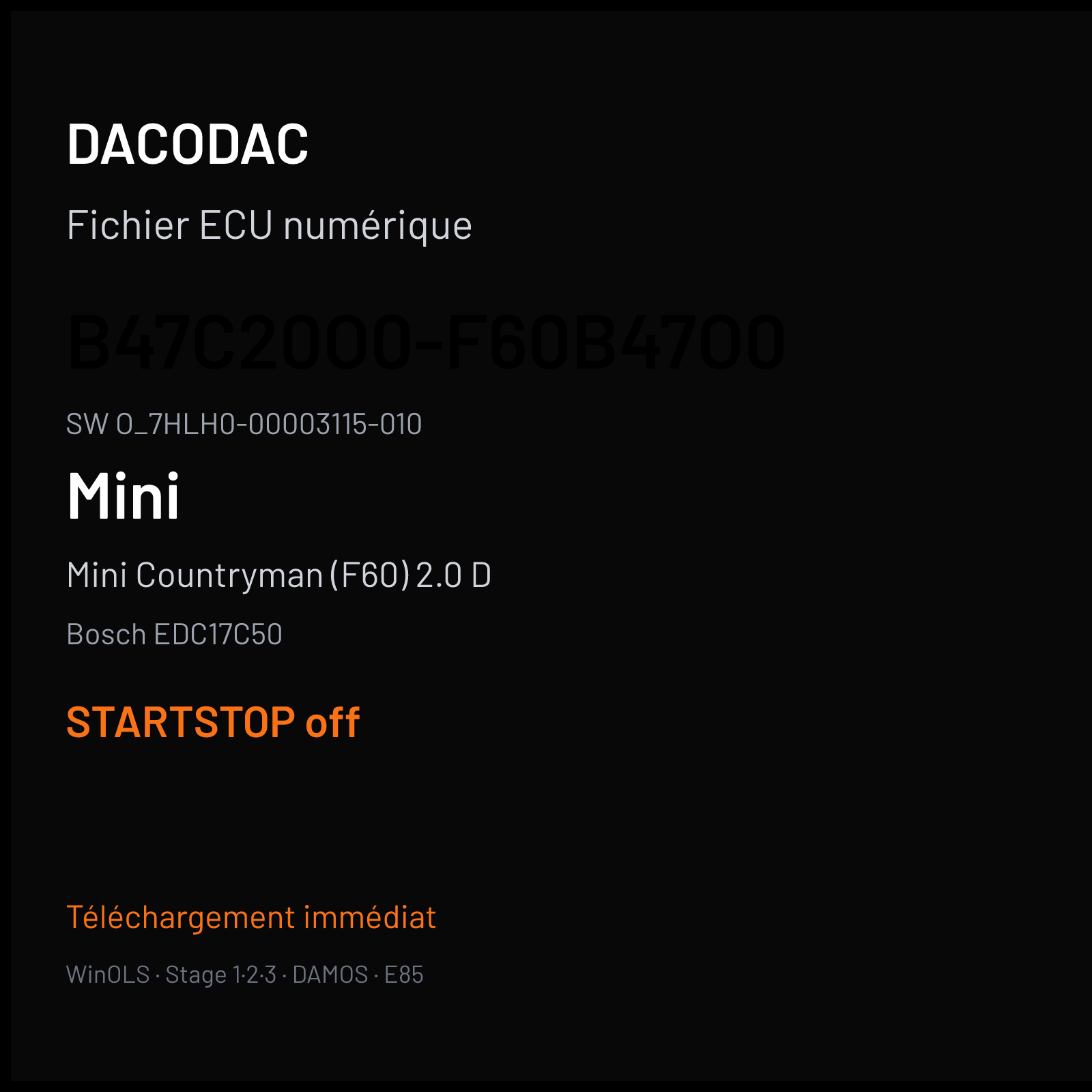 Mini Countryman (F60) 2.0 D (2017) — Bosch EDC17C50 — B47C20O0-F60B47O0 · O_7HLH0-00003115-010 — STARTSTOP off