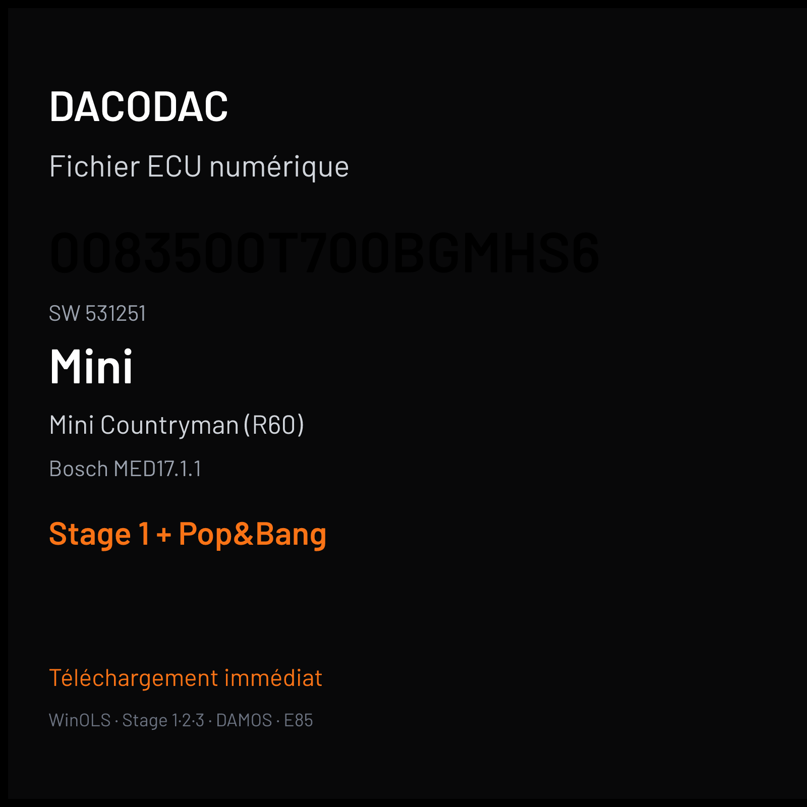 Mini Countryman (R60) (2014) — Bosch MED17.1.1 — 0083500T700BGMHS6 · 531251 — Stage 1 + Pop&Bang