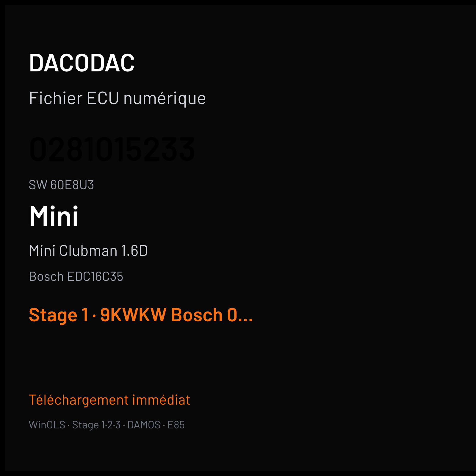 Mini Clubman 1.6D 109 ch (2009) — Bosch EDC16C35 — 0281015233 · 60E8U3 · 390910 — Stage 1