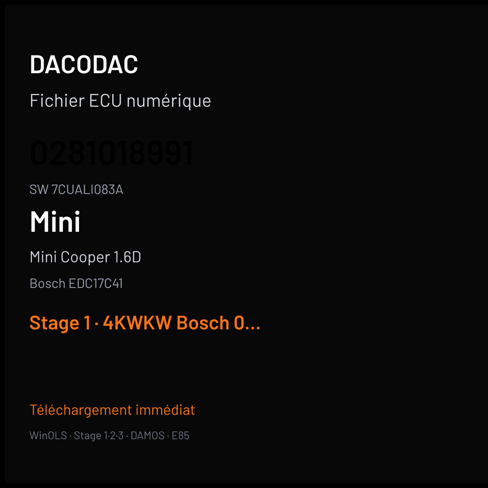 Mini Cooper 1.6D 112 ch (2012) — Bosch EDC17C41 — 0281018991 · 7CUALI083A · 522666 — Stage 1