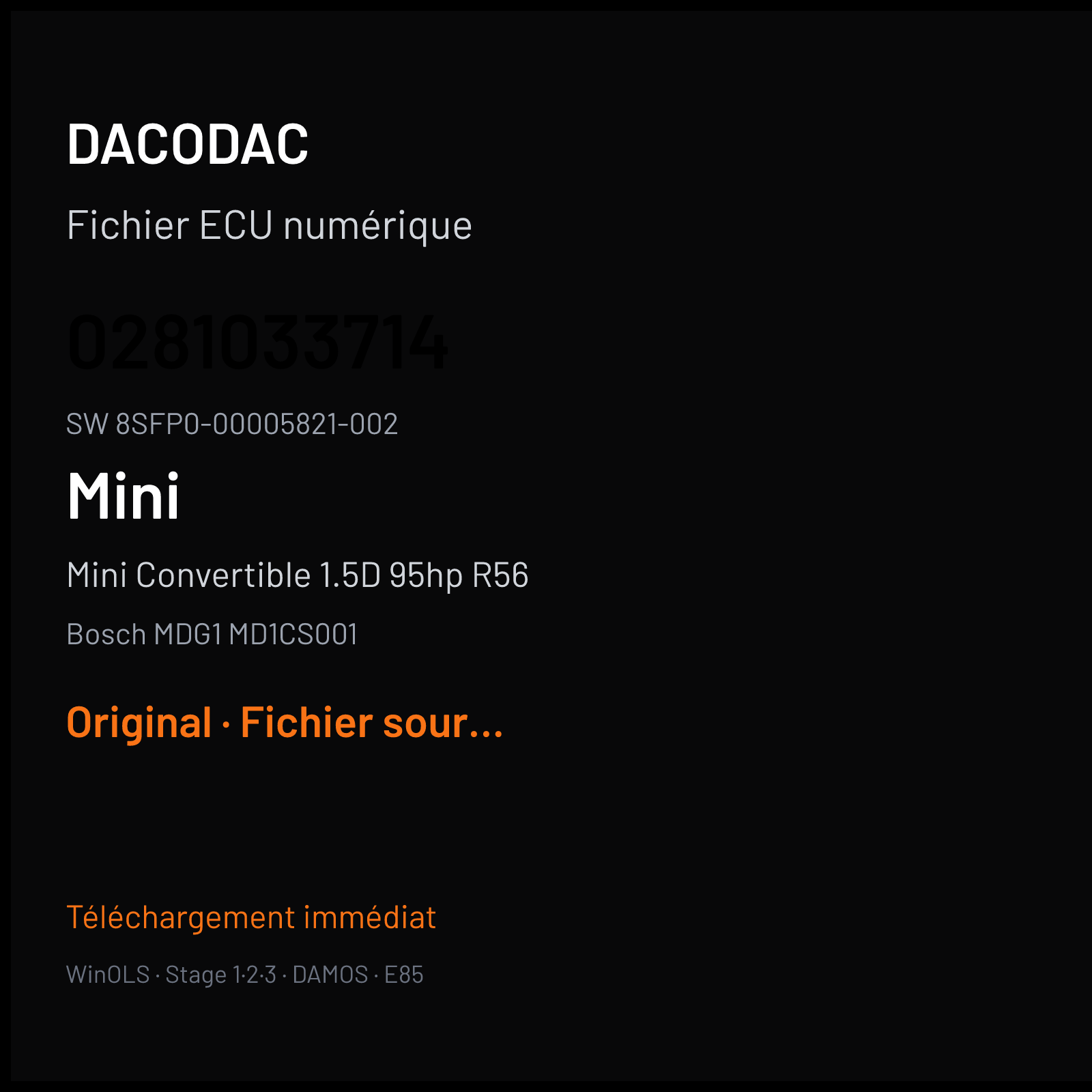 Mini Convertible 1.5D 95hp R56 116 ch (2014) — Bosch MDG1 MD1CS001 — 0281033714 · 8SFP0-00005821-002 · 029219 — Original
