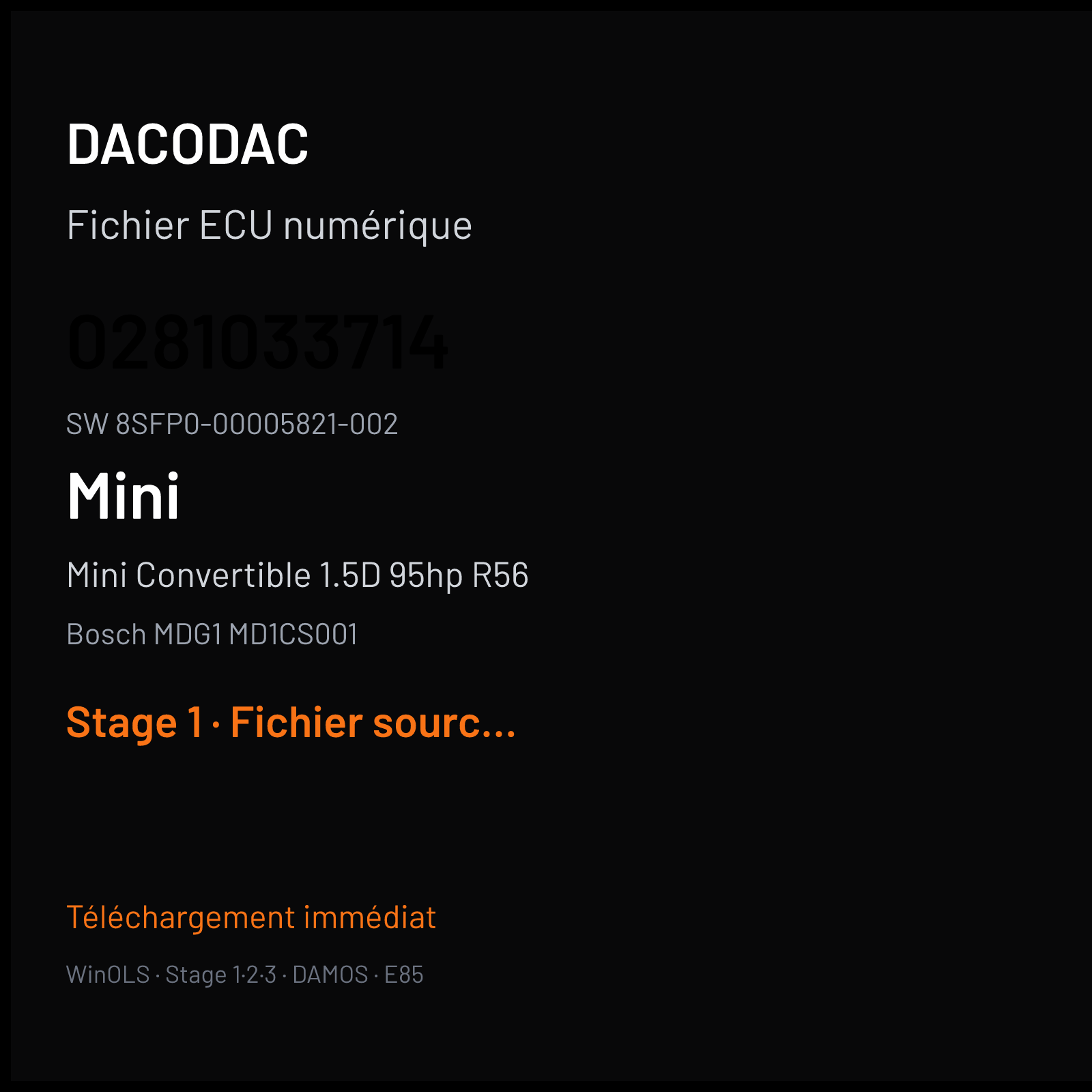 Mini Convertible 1.5D 95hp R56 116 ch (2014) — Bosch MDG1 MD1CS001 — 0281033714 · 8SFP0-00005821-002 · 029219 — Stage 1