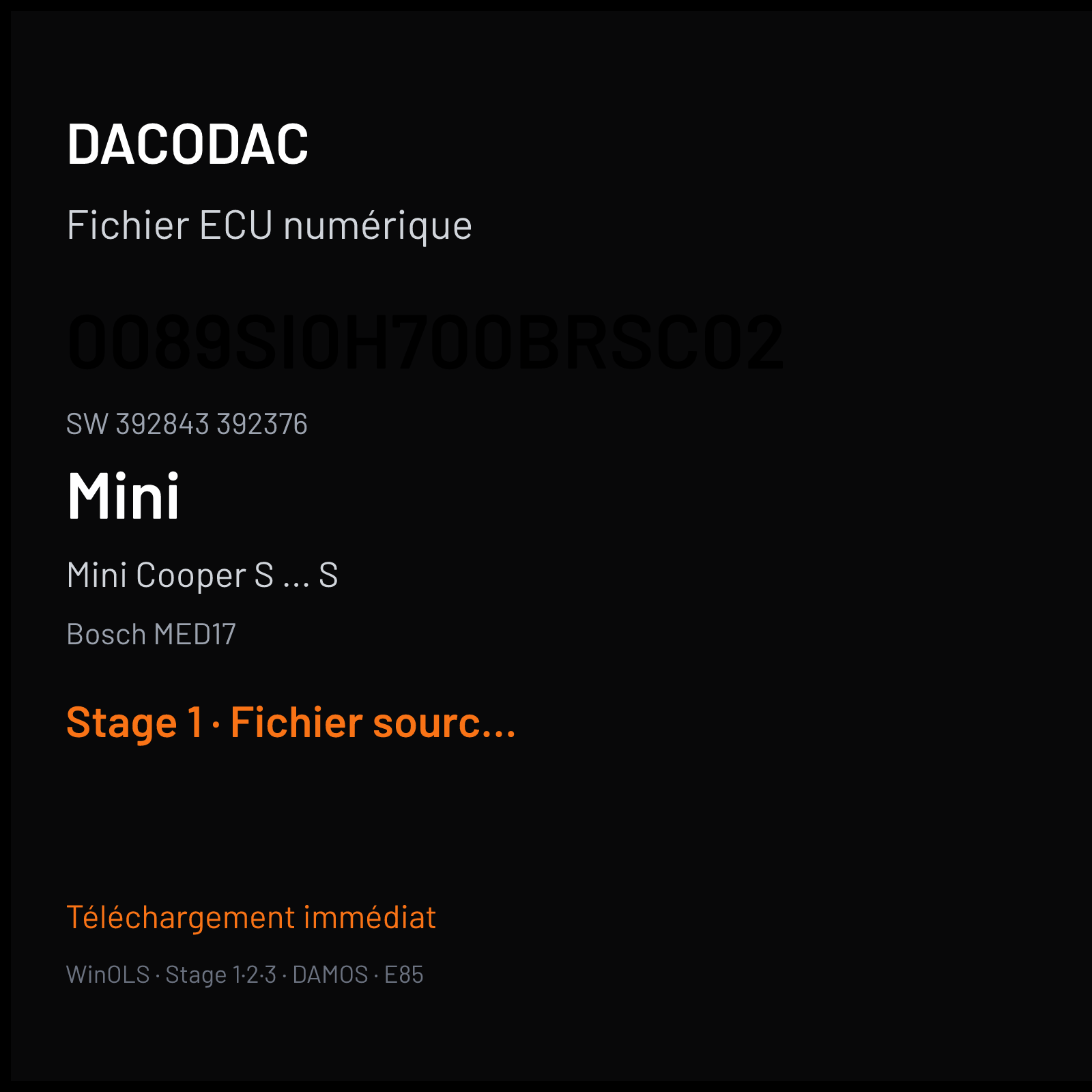 Mini Cooper S ... S (2008) — Bosch MED17 — 0089SI0H700BRSC02 · 392843 392376 — Stage 1