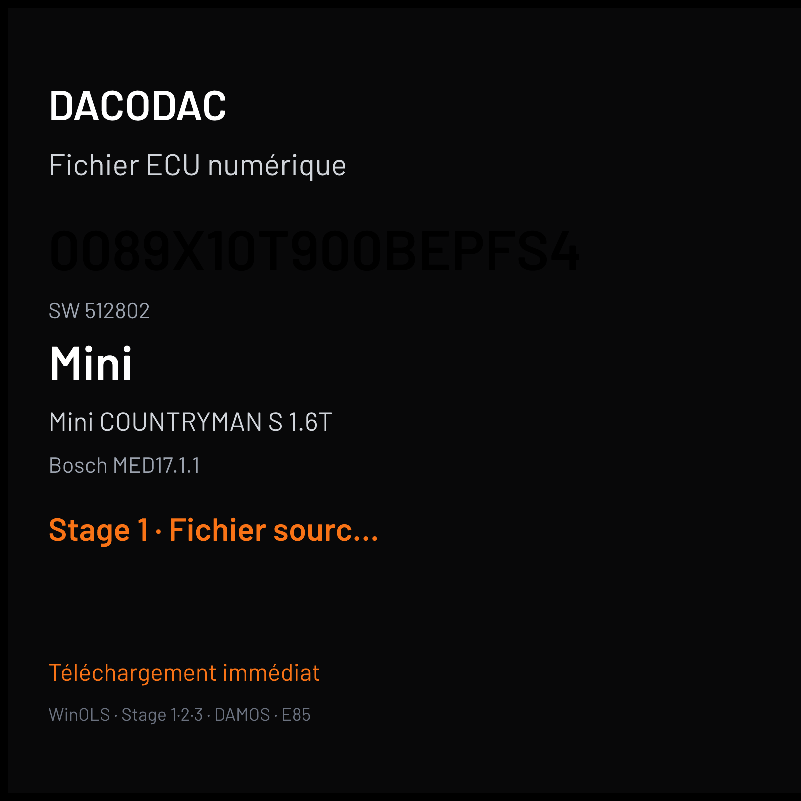 Mini COUNTRYMAN S 1.6T (2011) — Bosch MED17.1.1 — 0089X10T900BEPFS4 · 512802 — Stage 1