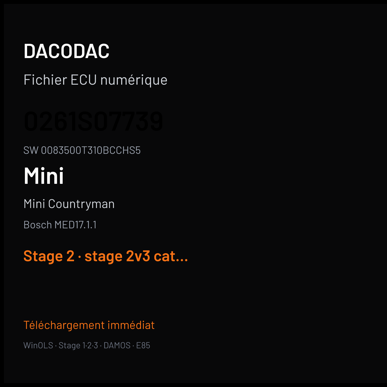 Mini Countryman 184 ch (2012) — Bosch MED17.1.1 — 0261S07739 · 0083500T310BCCHS5 · 521264 S54625 — Stage 2