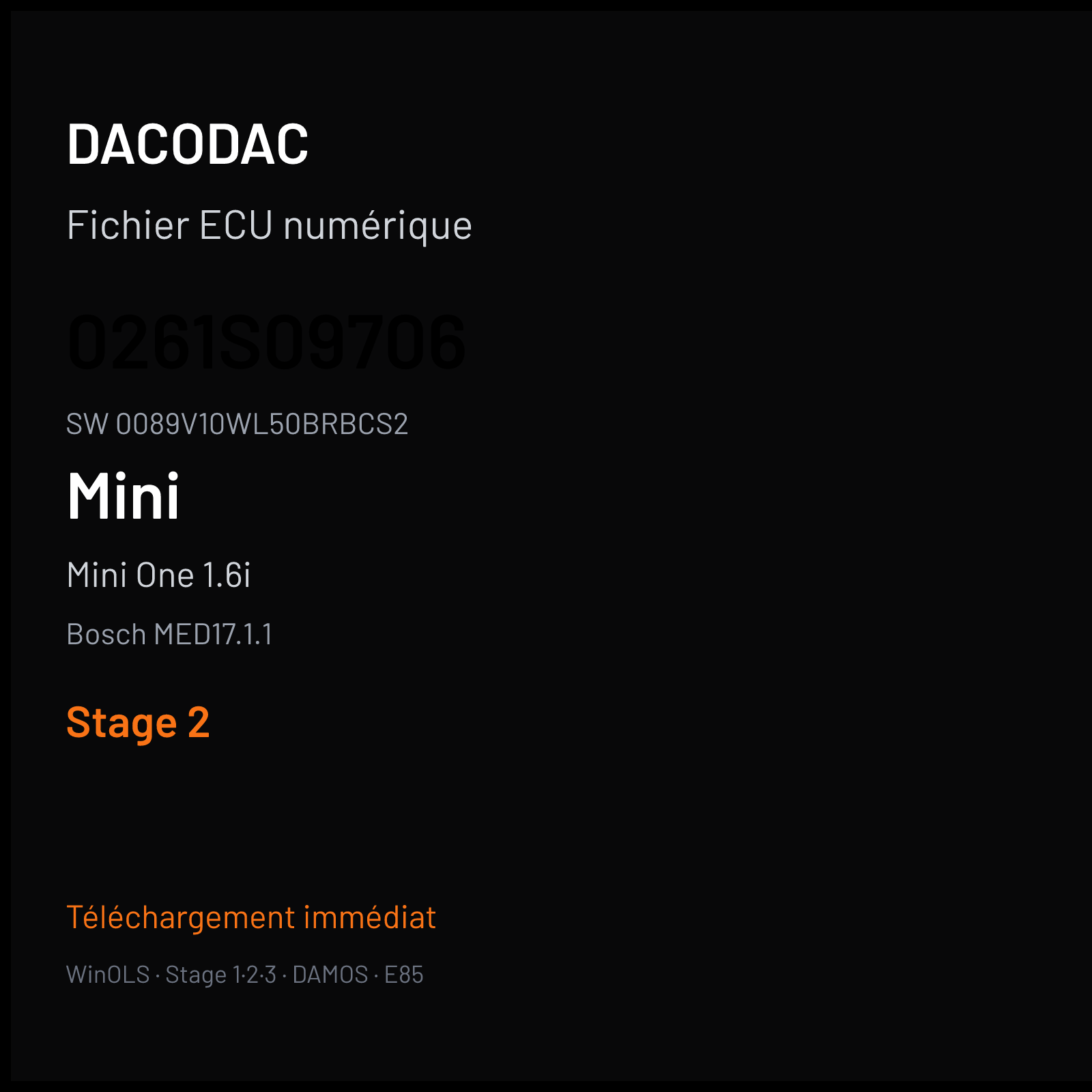 Mini One 1.6i 95 ch (2013) — Bosch MED17.1.1 — 0261S09706 · 0089V10WL50BRBCS2 · 533580 — Stage 2
