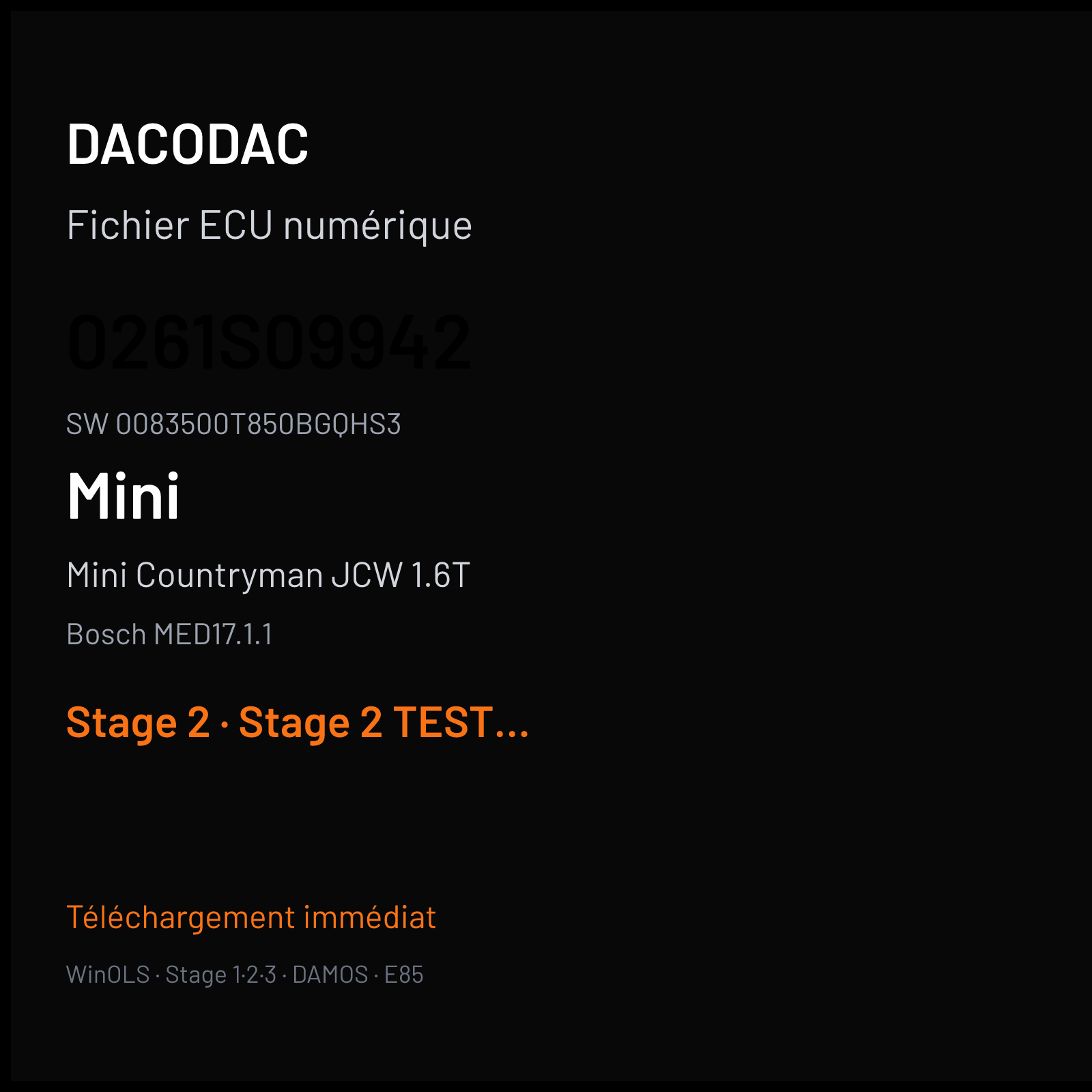 Mini Countryman JCW 1.6T 218 ch (2015) — Bosch MED17.1.1 — 0261S09942 · 0083500T850BGQHS3 · 551990 — Stage 2